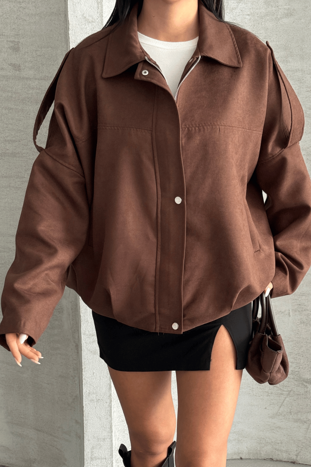 Dokuma Süet Kumaş Apoletli Bomber Ceket - KOYU KAHVE