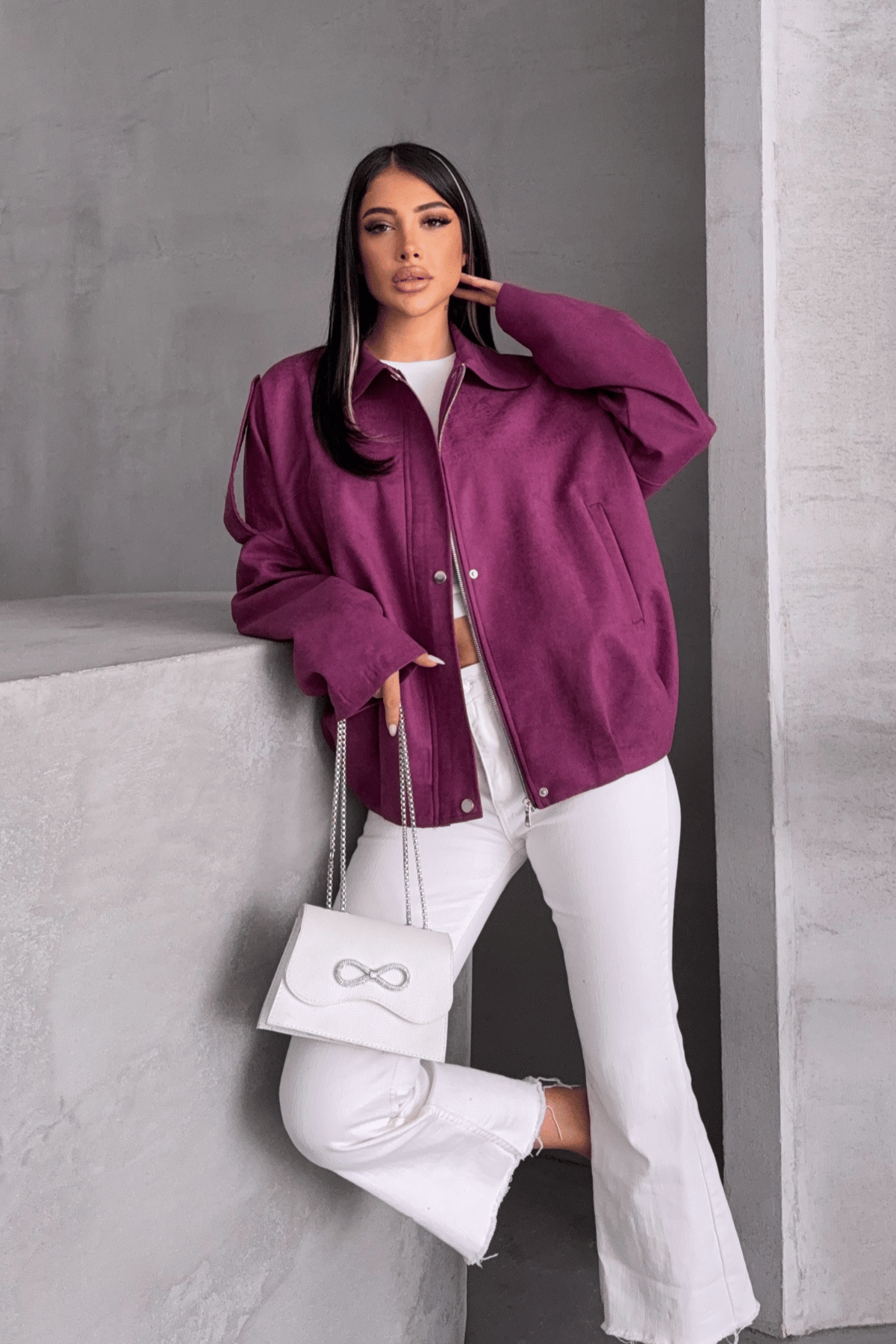 Dokuma Süet Kumaş Apoletli Bomber Ceket - MÜRDÜM