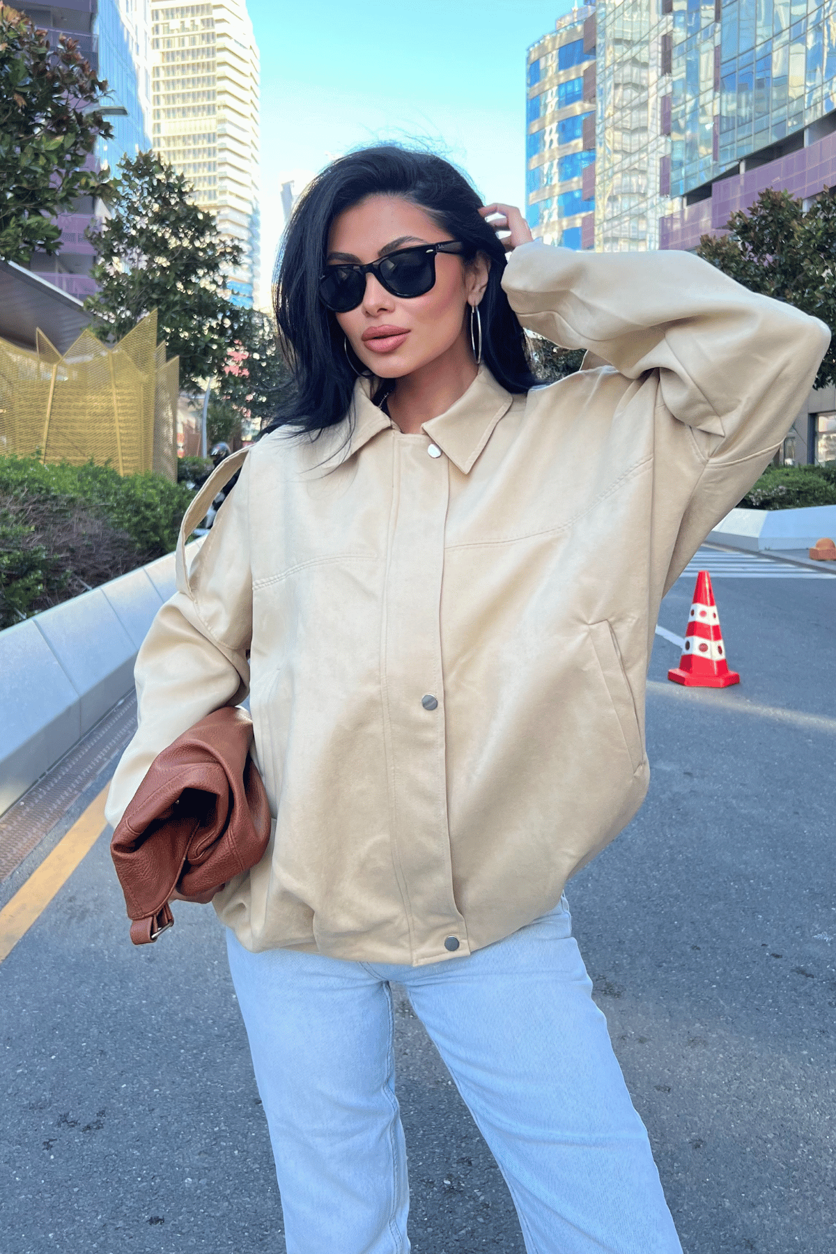 Dokuma Süet Kumaş Apoletli Bomber Ceket - KREM