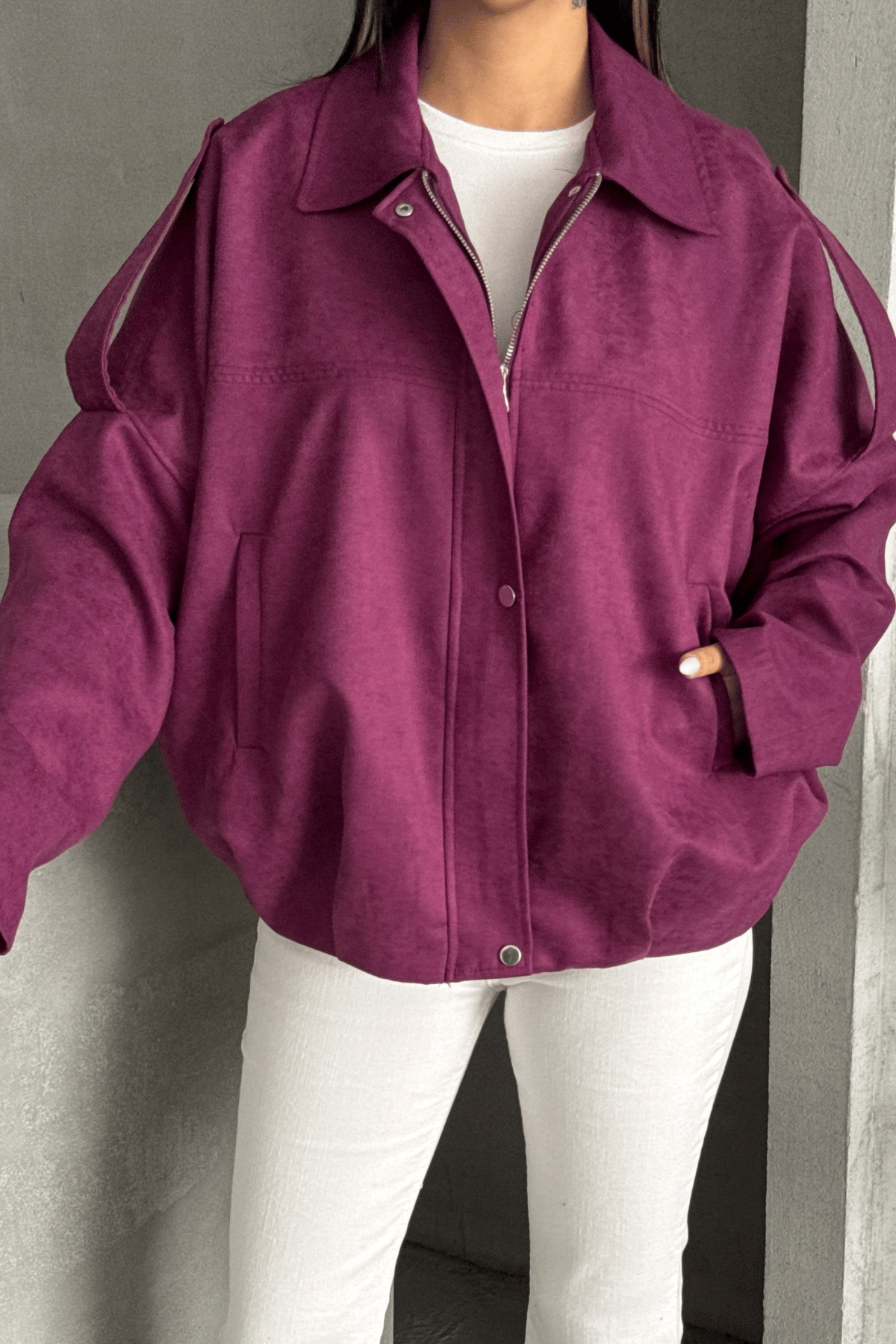 Dokuma Süet Kumaş Apoletli Bomber Ceket - MÜRDÜM