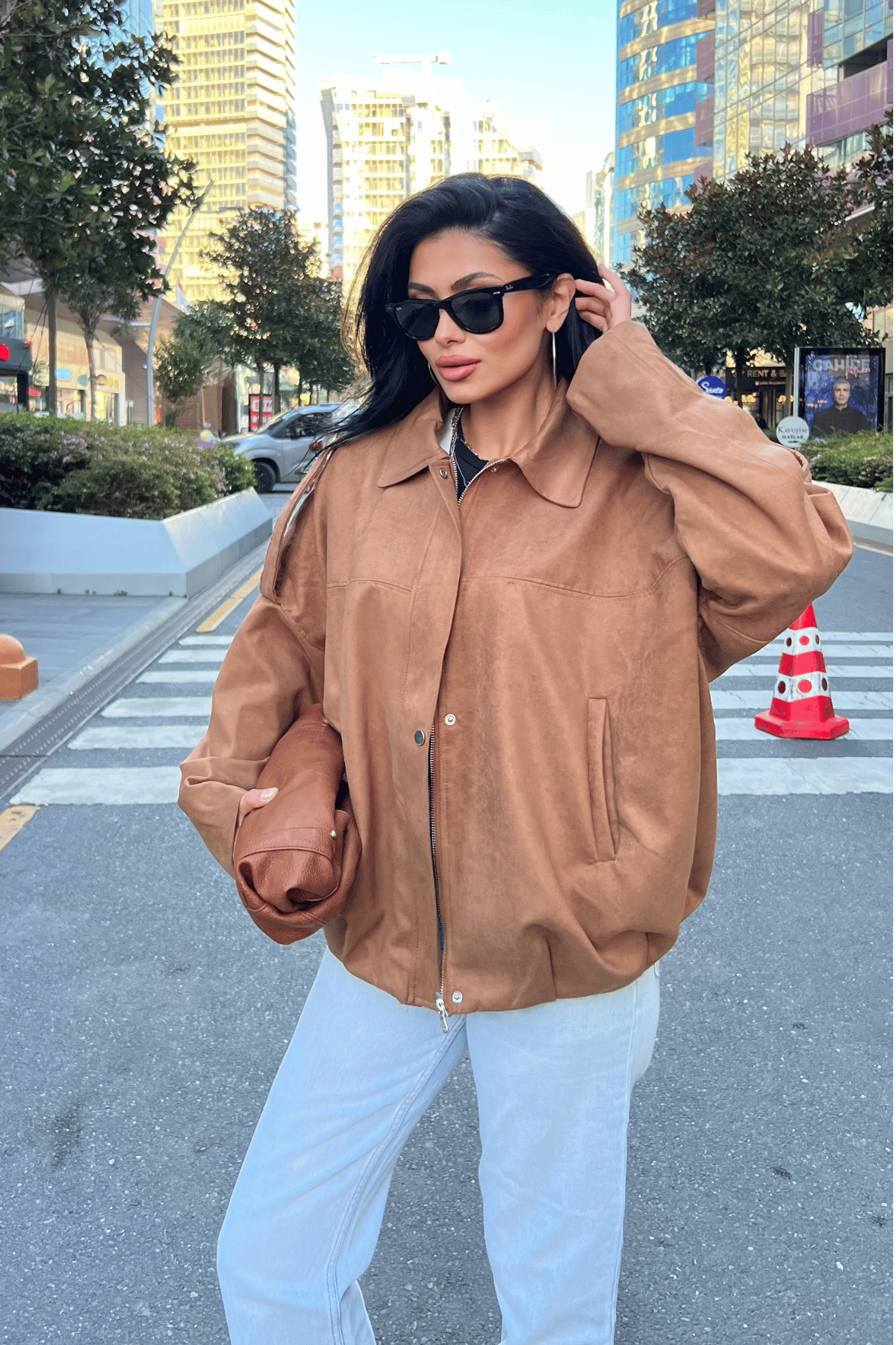 Dokuma Süet Kumaş Apoletli Bomber Ceket - AÇIK KAHVE