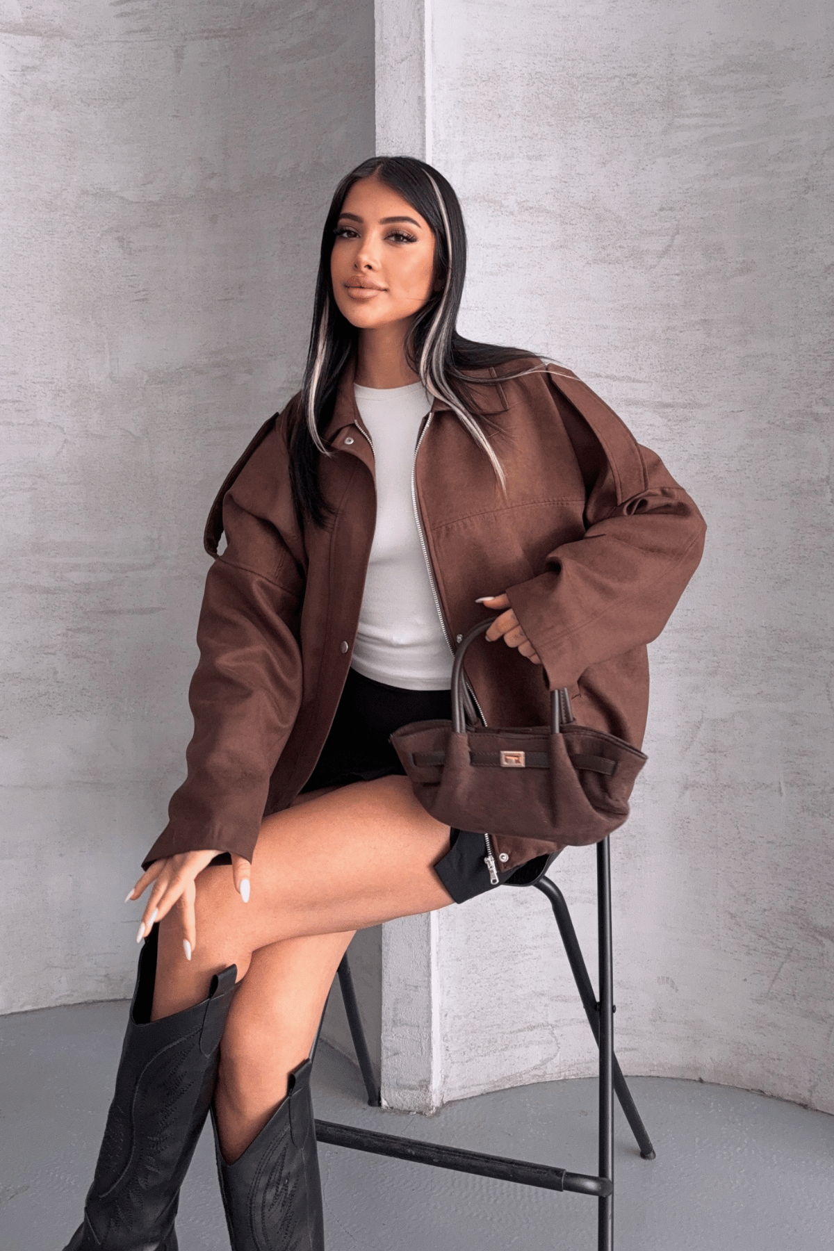 Dokuma Süet Kumaş Apoletli Bomber Ceket - KOYU KAHVE