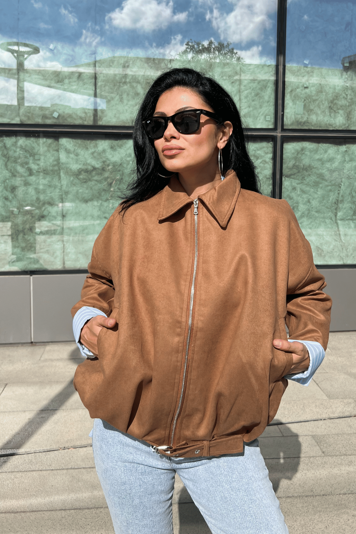 Dokuma Süet Kumaş Bomber Ceket - AÇIK KAHVE