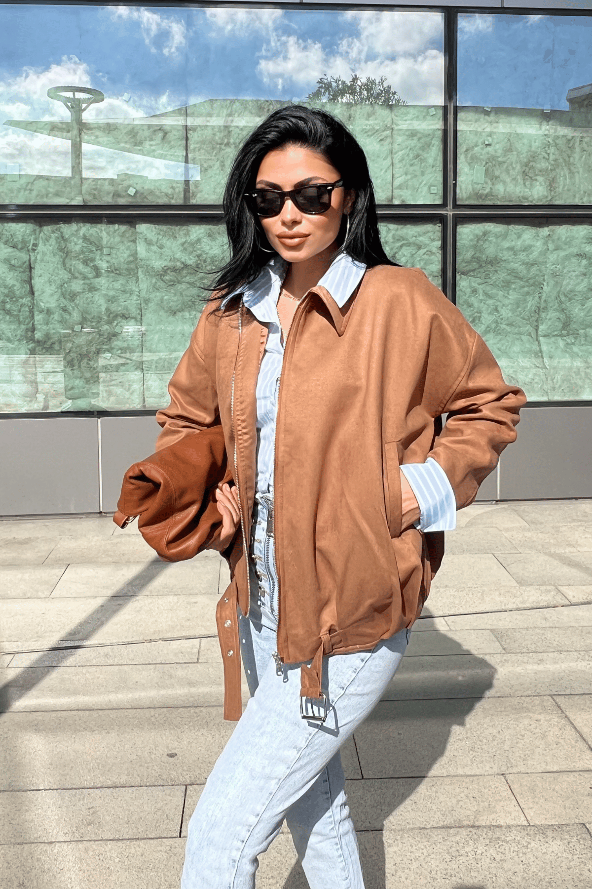 Dokuma Süet Kumaş Bomber Ceket - AÇIK KAHVE