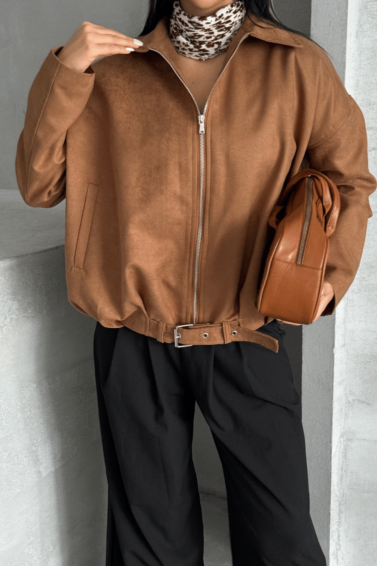 Dokuma Süet Kumaş Bomber Ceket - AÇIK KAHVE