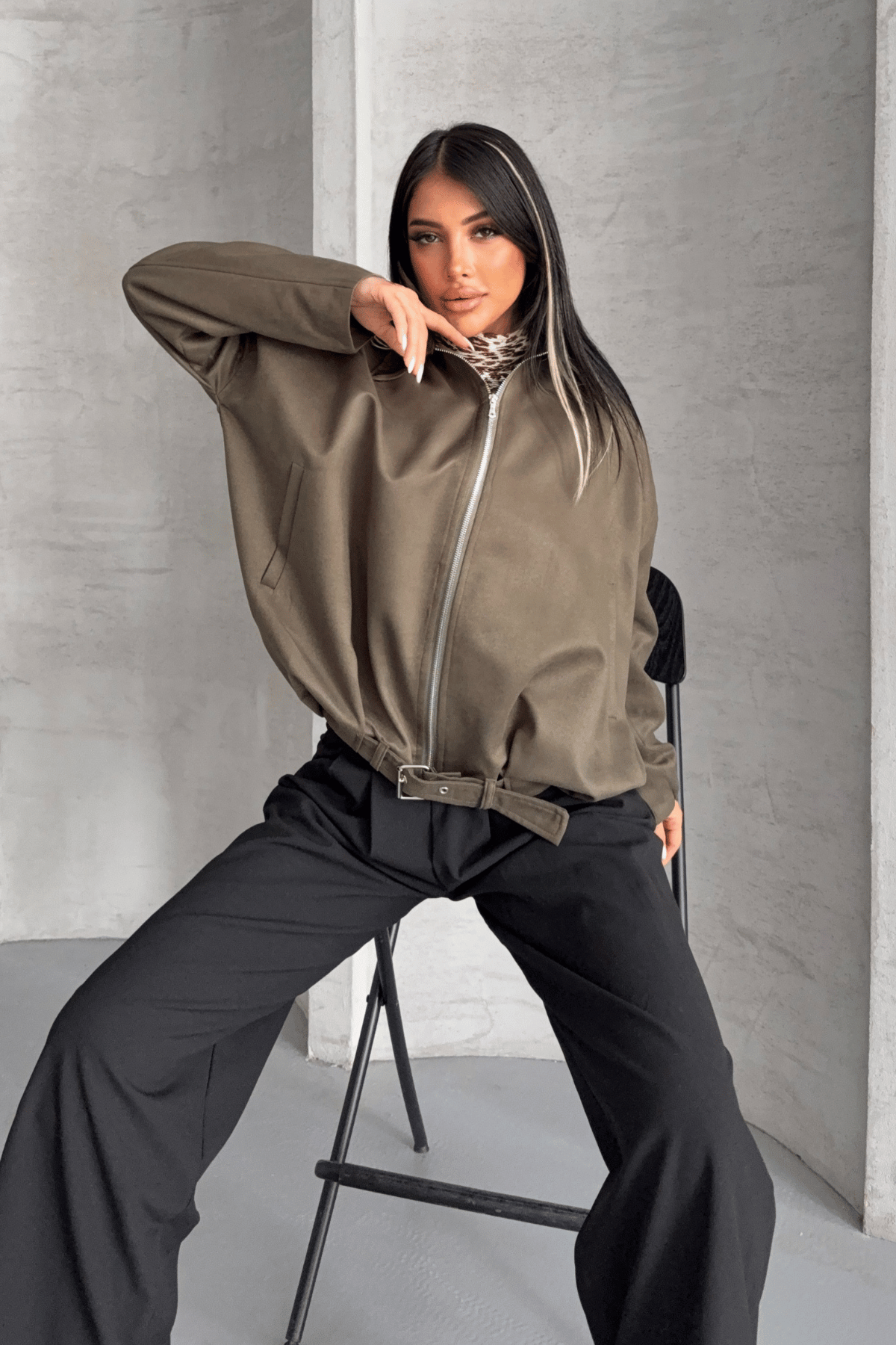 Dokuma Süet Kumaş Bomber Ceket - HAKİ YEŞİLİ