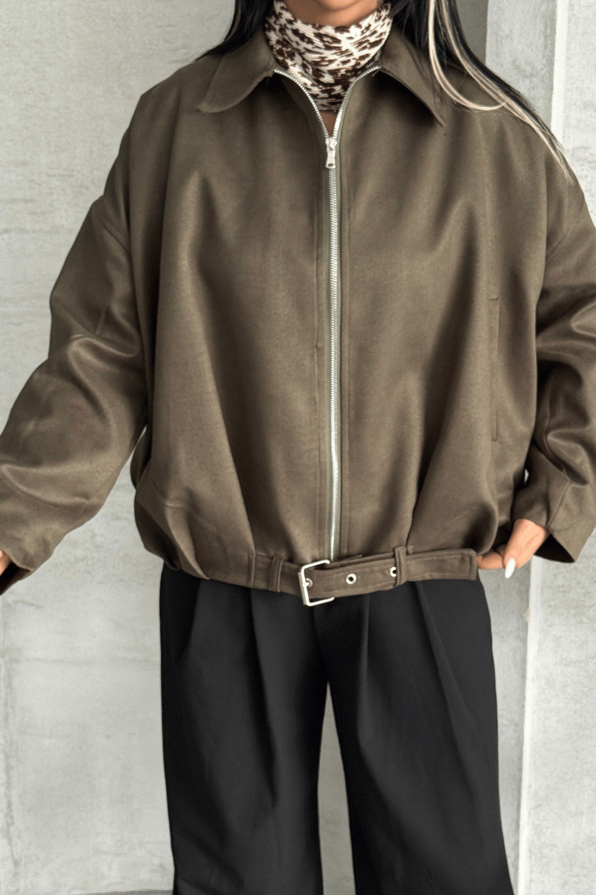 Dokuma Süet Kumaş Bomber Ceket - HAKİ YEŞİLİ