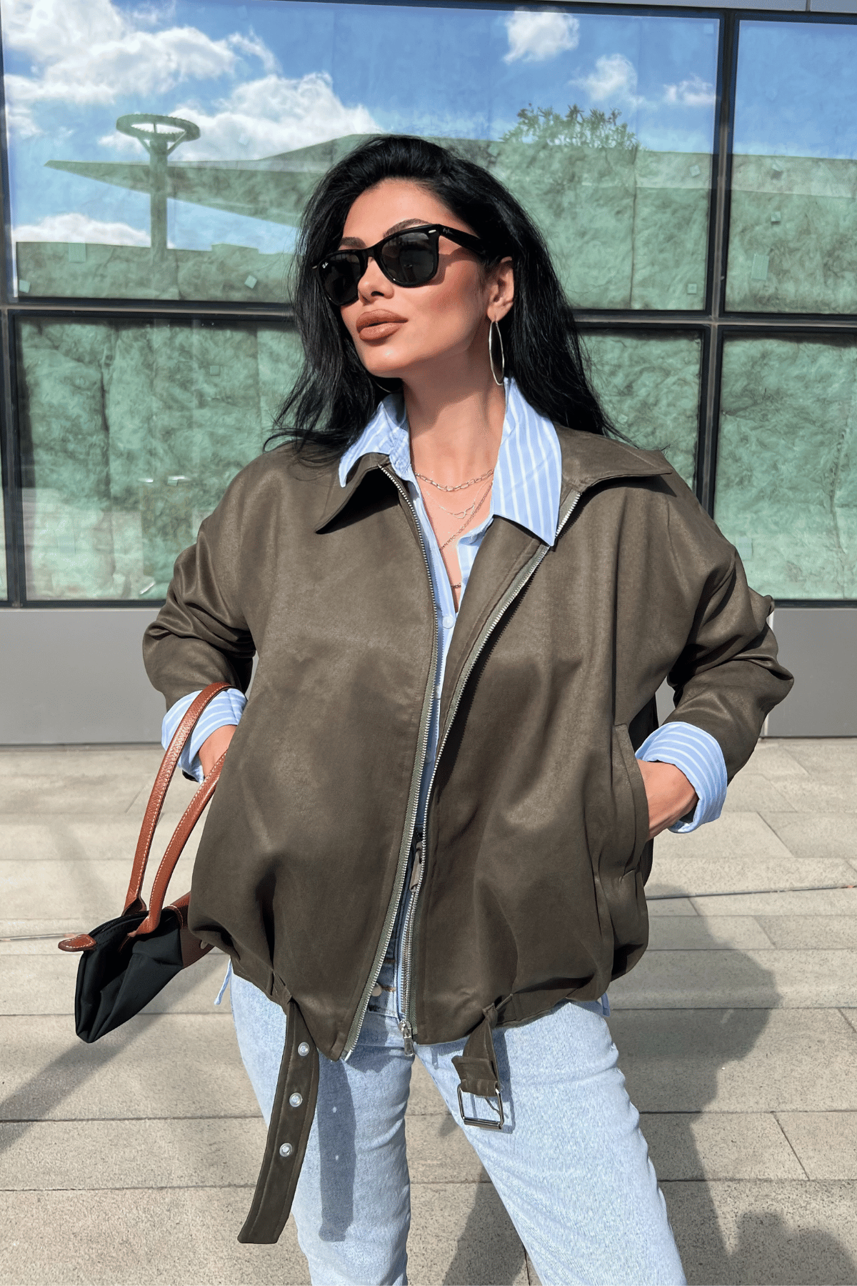 Dokuma Süet Kumaş Bomber Ceket - HAKİ YEŞİLİ