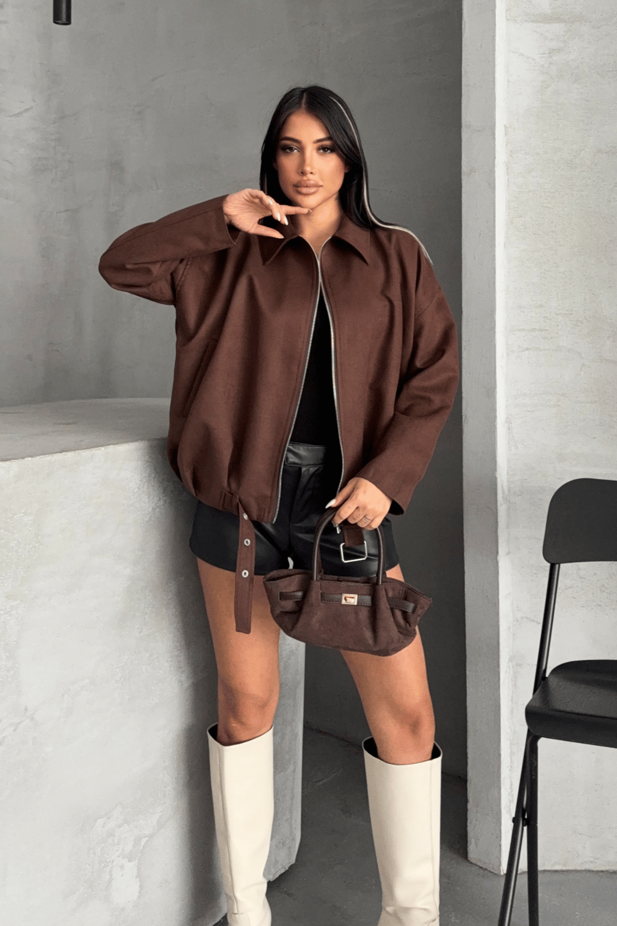 Dokuma Süet Kumaş Bomber Ceket - KOYU KAHVE