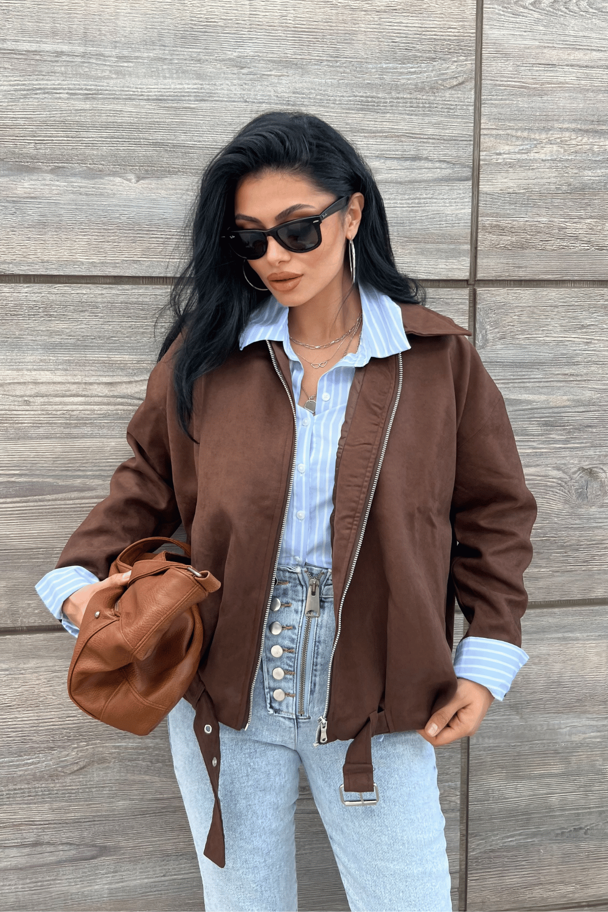 Dokuma Süet Kumaş Bomber Ceket - KOYU KAHVE