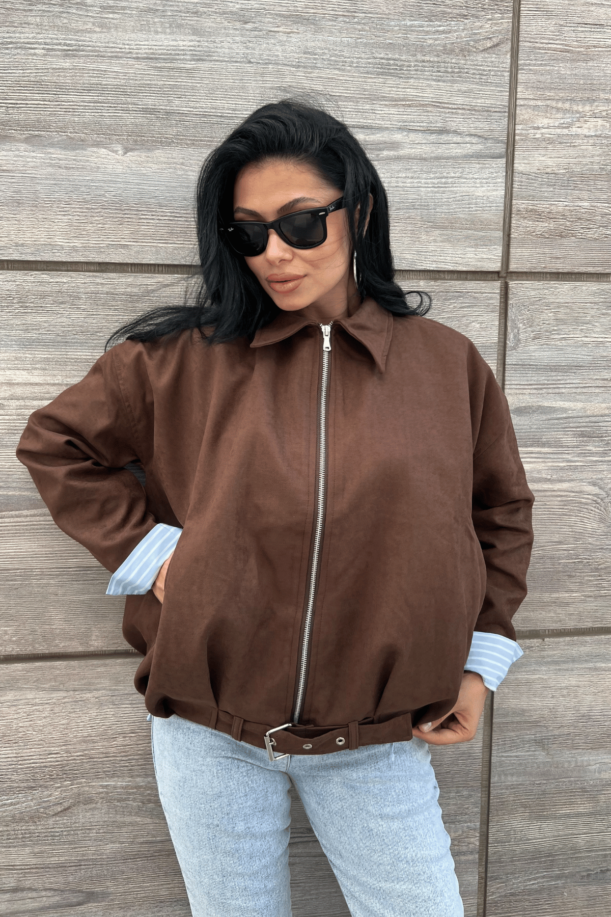 Dokuma Süet Kumaş Bomber Ceket - KOYU KAHVE