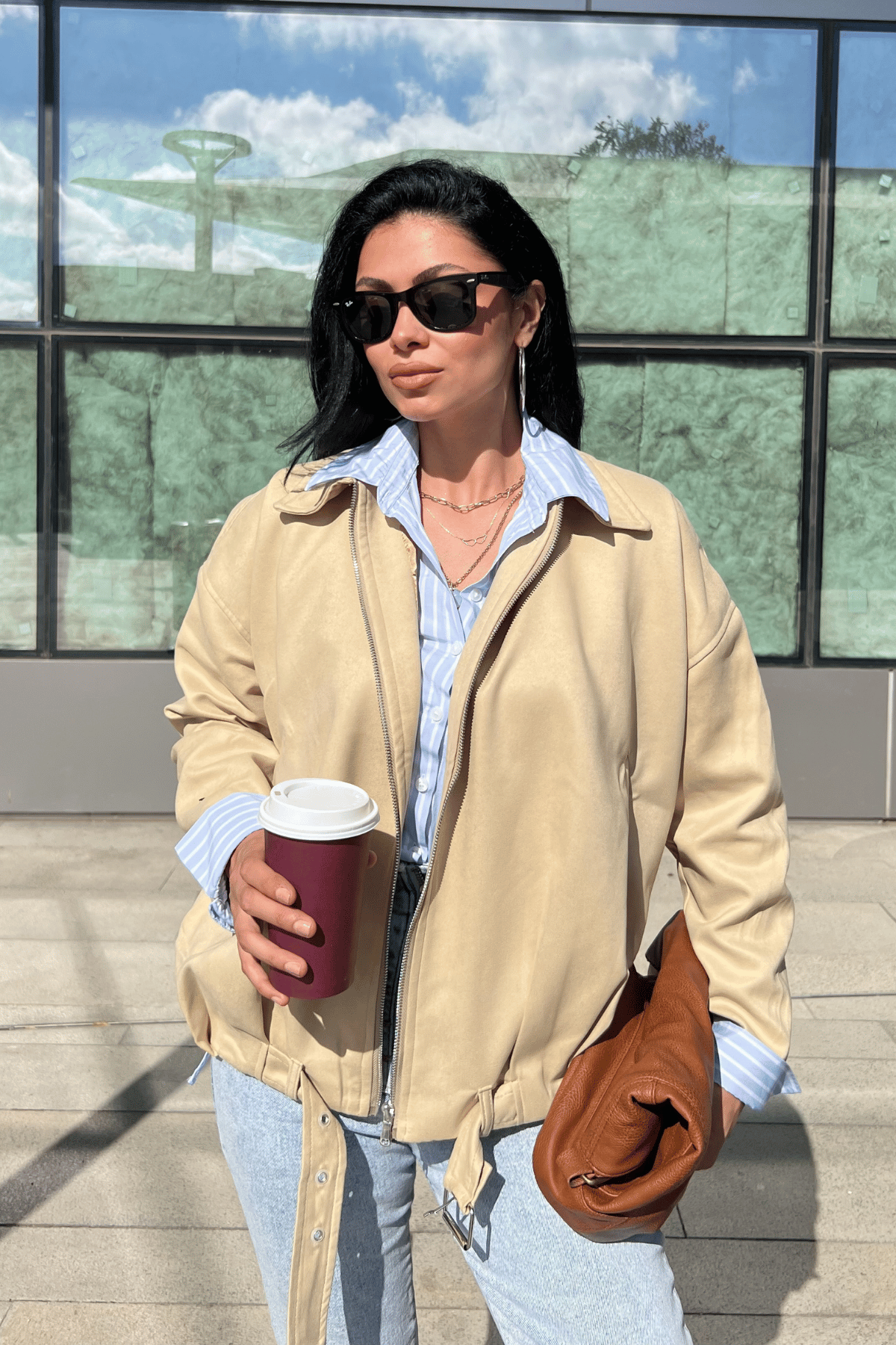 Dokuma Süet Kumaş Bomber Ceket - KREM