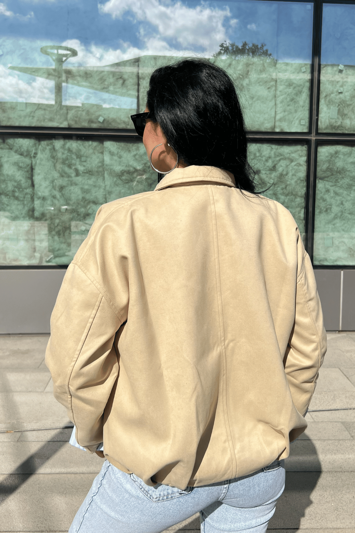 Dokuma Süet Kumaş Bomber Ceket - KREM