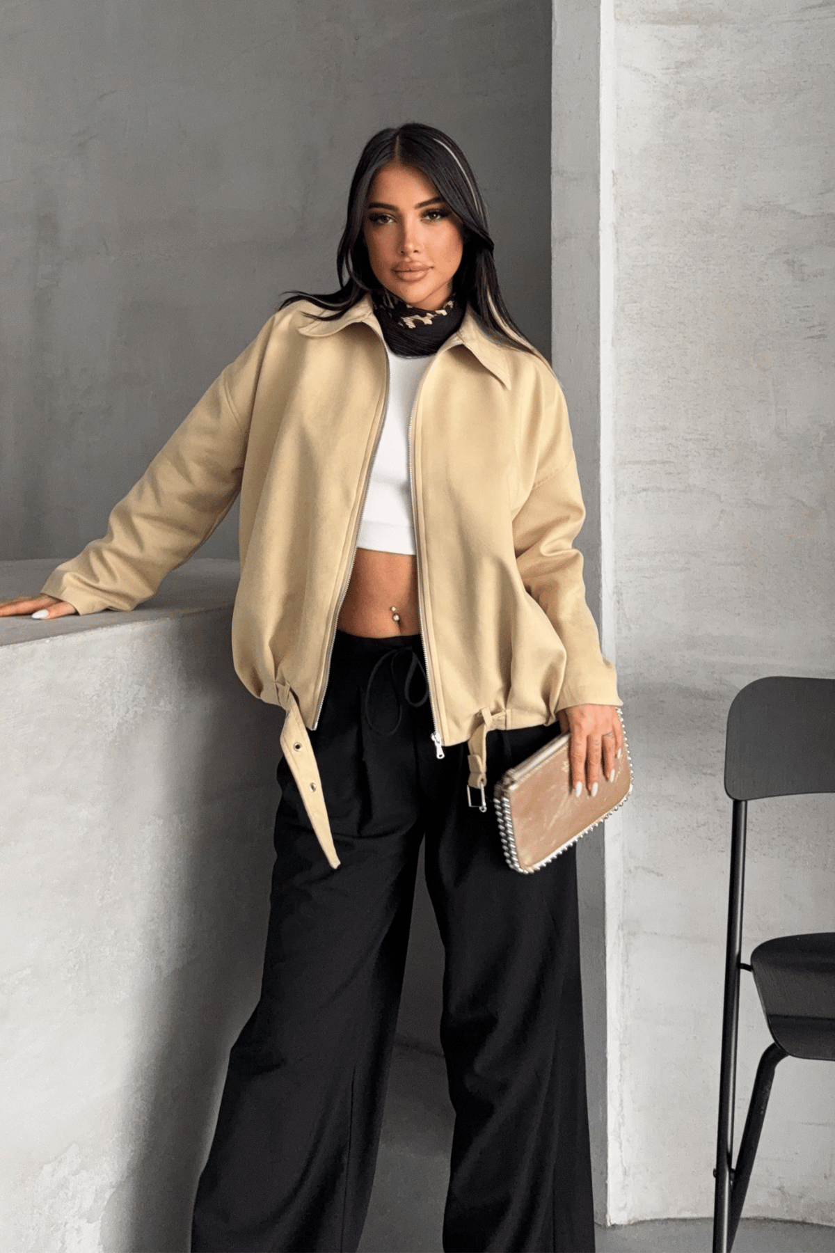 Dokuma Süet Kumaş Bomber Ceket - KREM