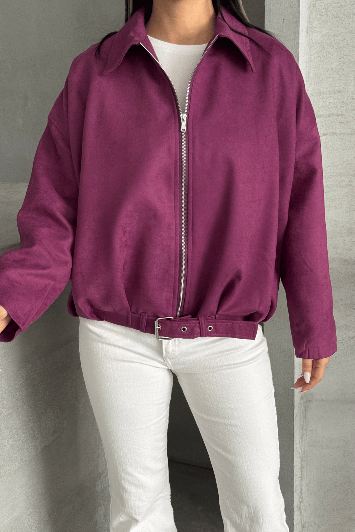 Dokuma Süet Kumaş Bomber Ceket - MÜRDÜM