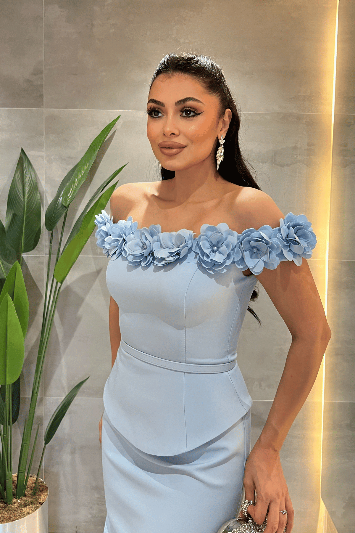 Double Kumaş Çiçek Detaylı Kalem Elbise - BEBE MAVİSİ