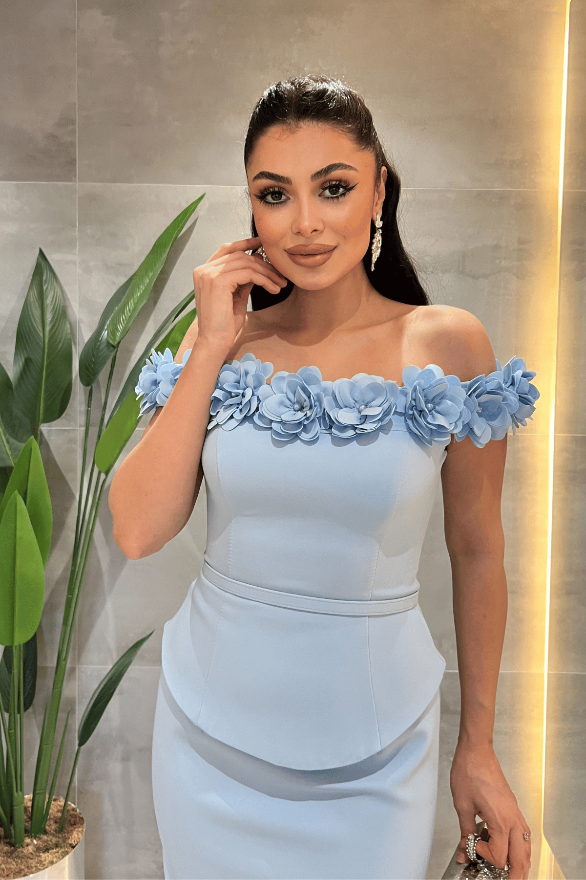 Double Kumaş Çiçek Detaylı Kalem Elbise - BEBE MAVİSİ