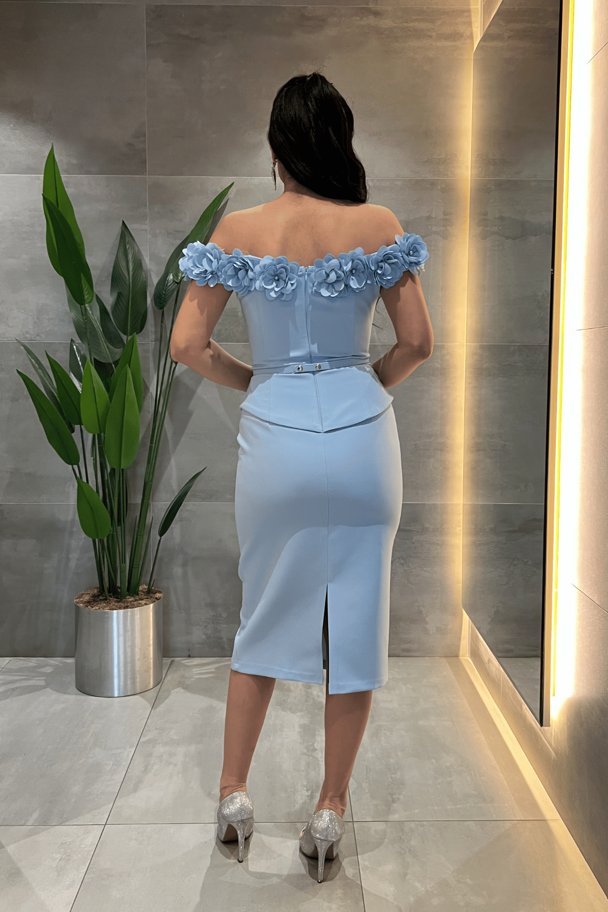 Double Kumaş Çiçek Detaylı Kalem Elbise - BEBE MAVİSİ