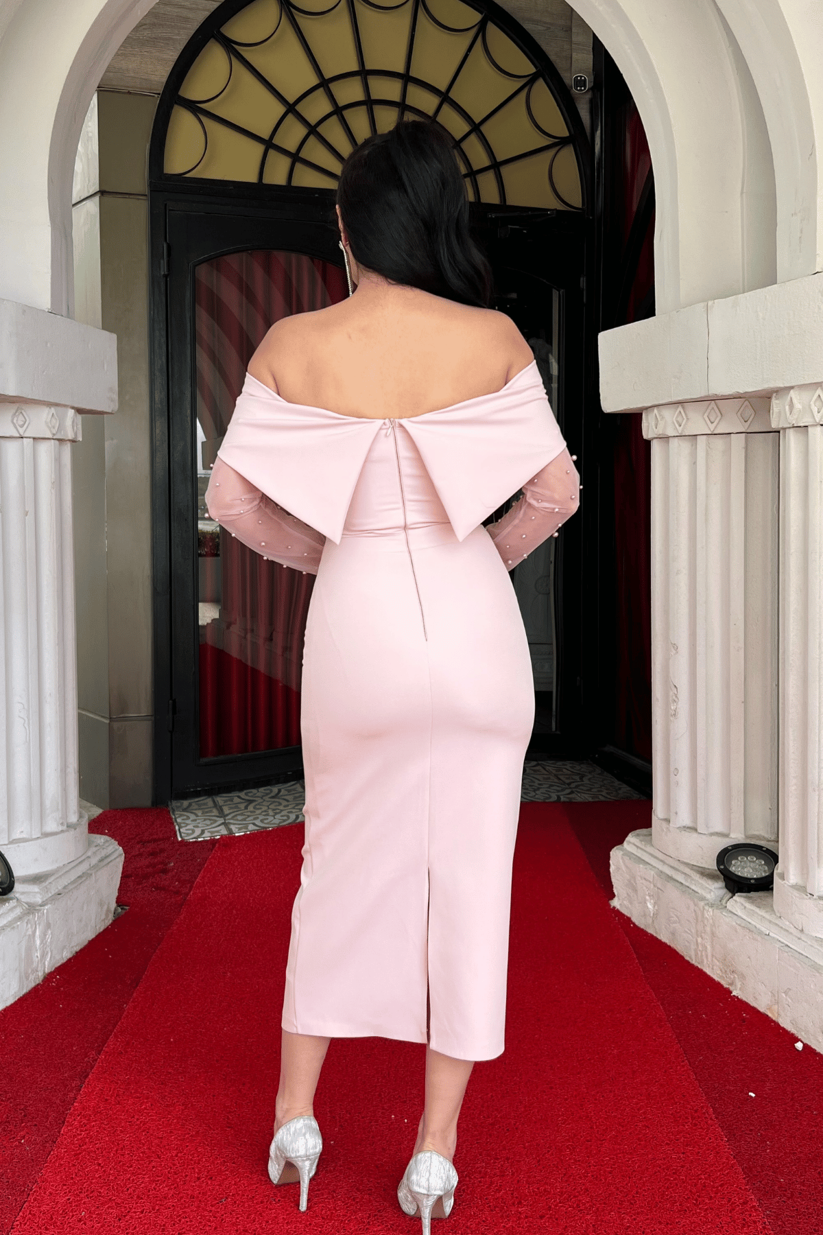 Double Kumaş İnci Detaylı Kayık Yaka Elbise - PEMBE