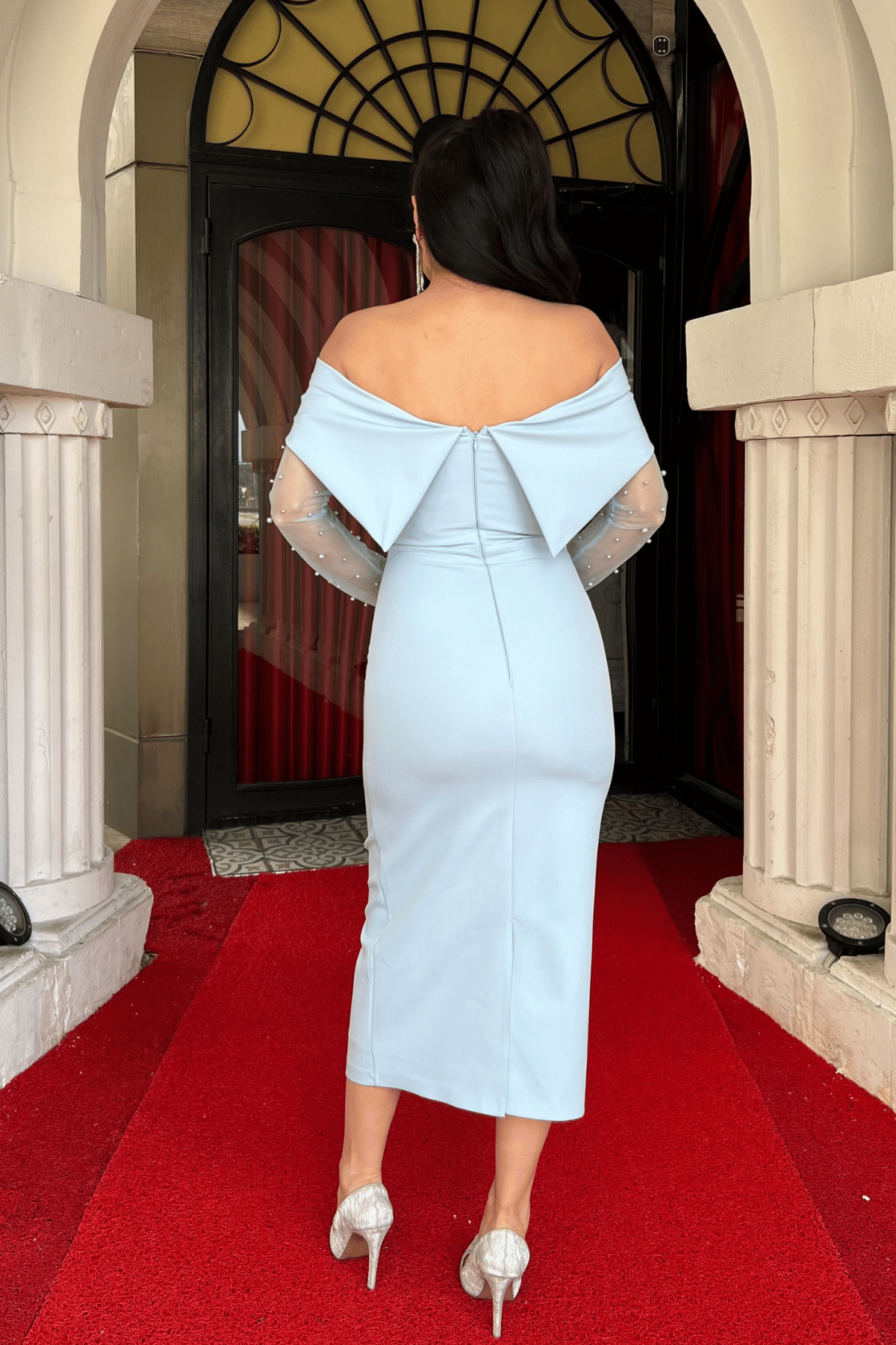 Double Kumaş İnci Detaylı Kayık Yaka Elbise - BUZ MAVİ