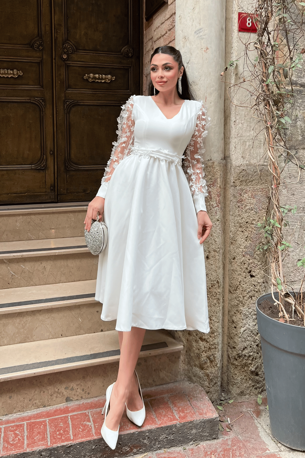 Scuba Fabric Sleeves 3D Floral Dress - White