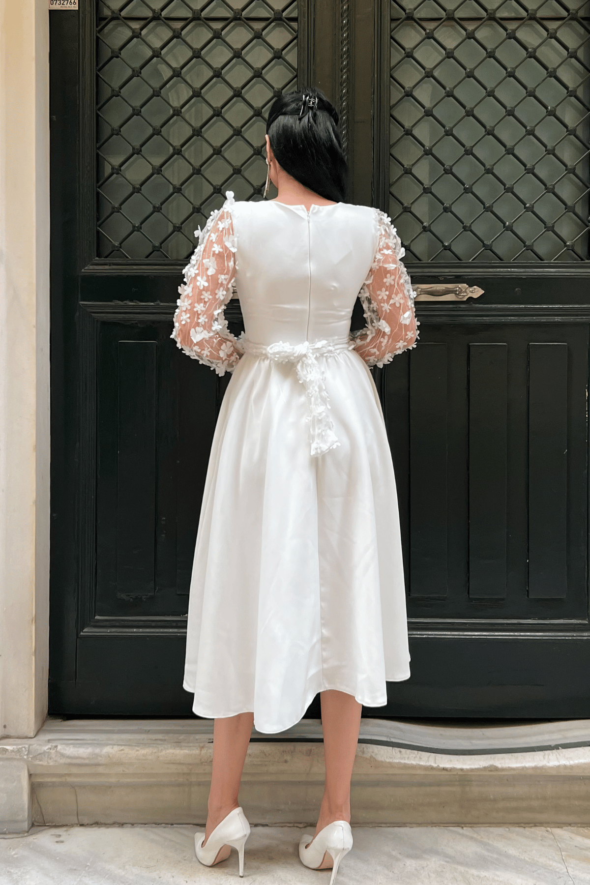 Scuba Fabric Sleeves 3D Floral Dress - White