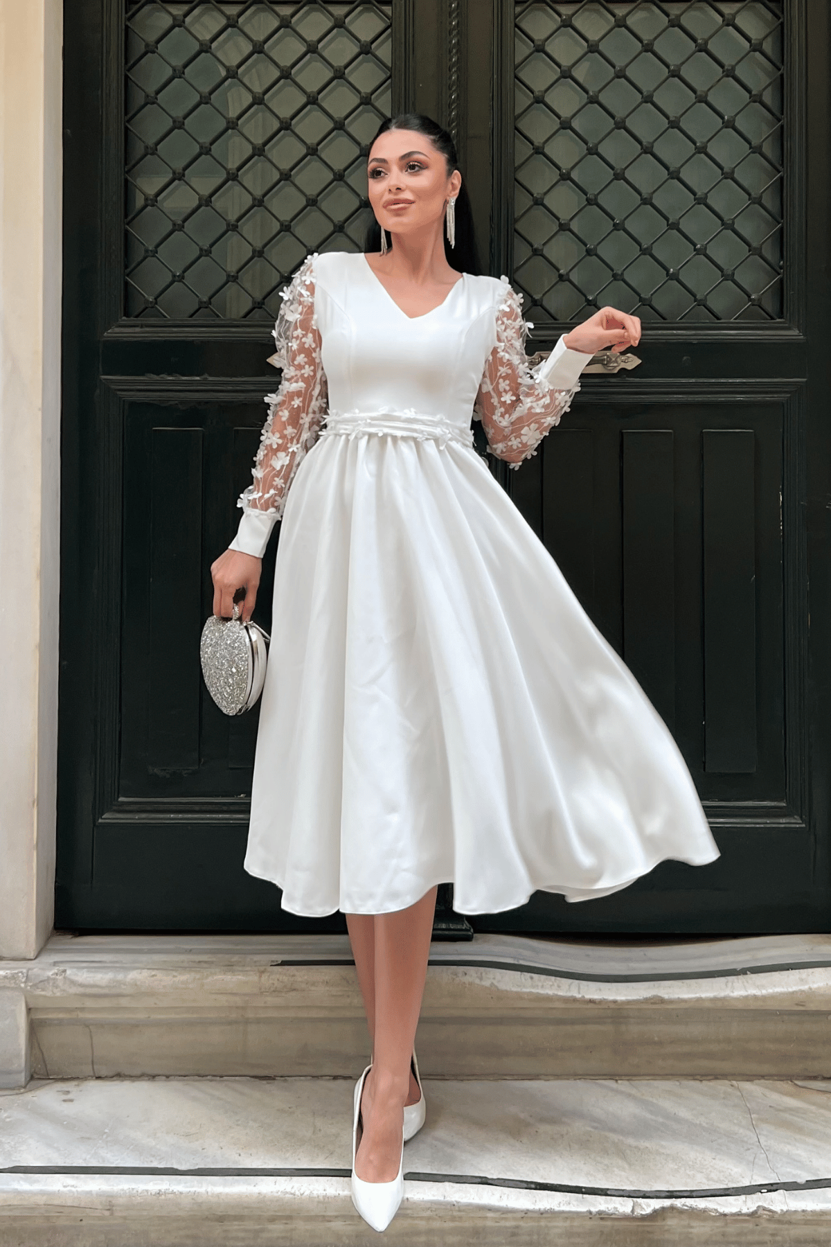 Scuba Fabric Sleeves 3D Floral Dress - White