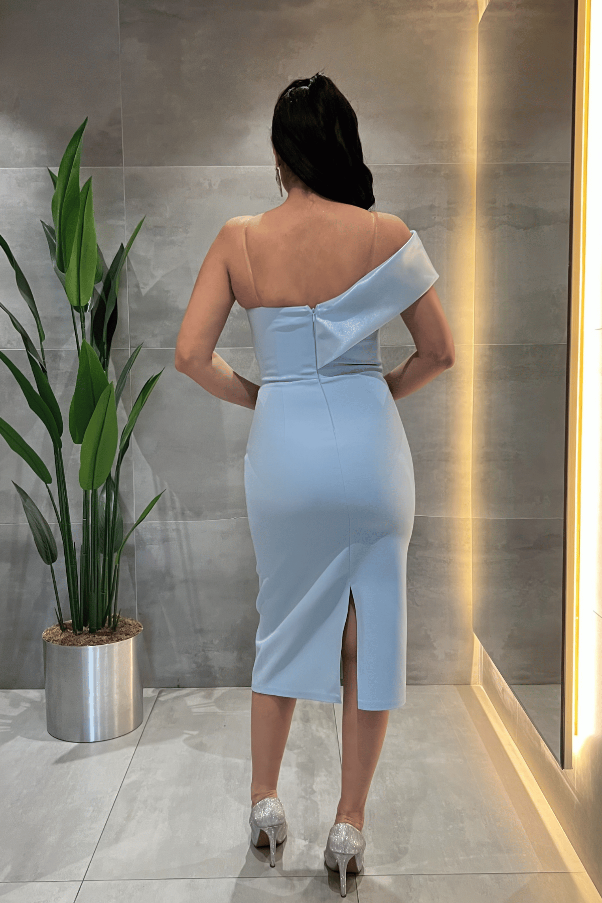 Double Kumaş Organze Çiçek Detaylı Kalem Elbise - BEBE MAVİSİ