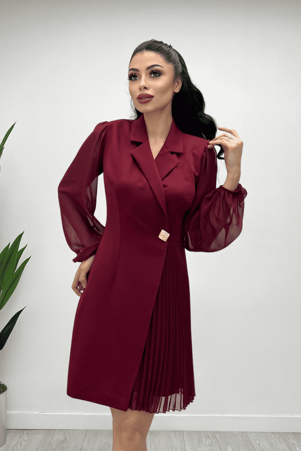 Double Kumaş Pliseli Ceket Elbise - BORDO