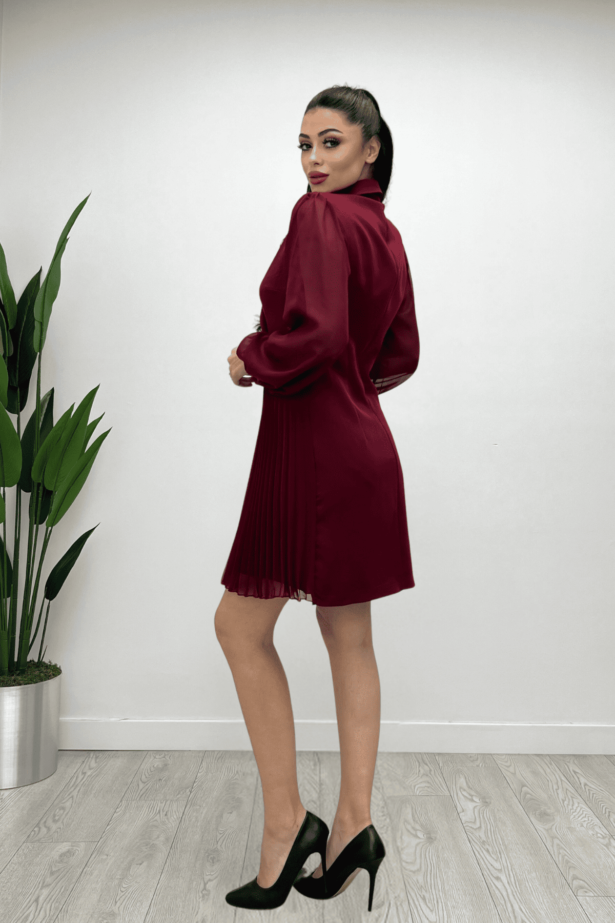 Double Kumaş Pliseli Ceket Elbise - BORDO