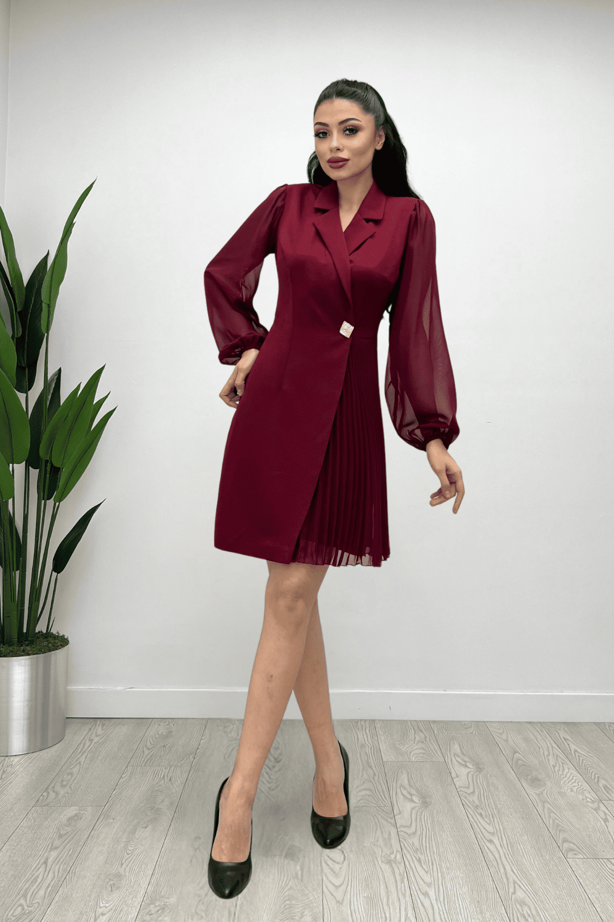 Double Kumaş Pliseli Ceket Elbise - BORDO