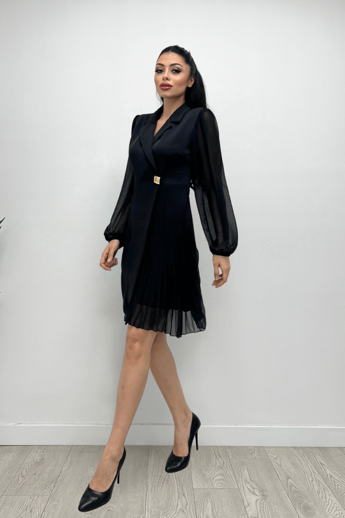 Double Kumaş Pliseli Ceket Elbise - SİYAH