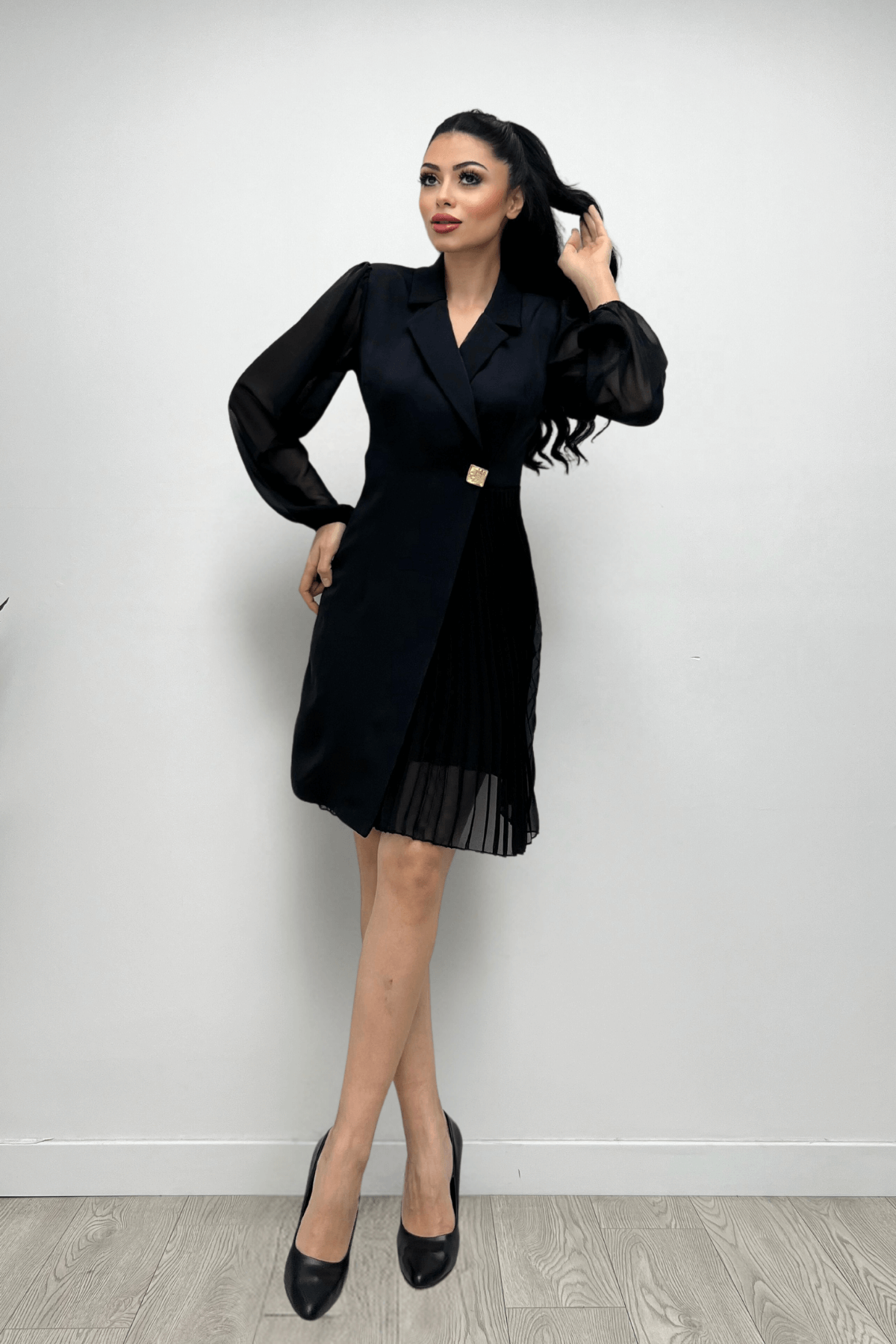 Double Kumaş Pliseli Ceket Elbise - SİYAH