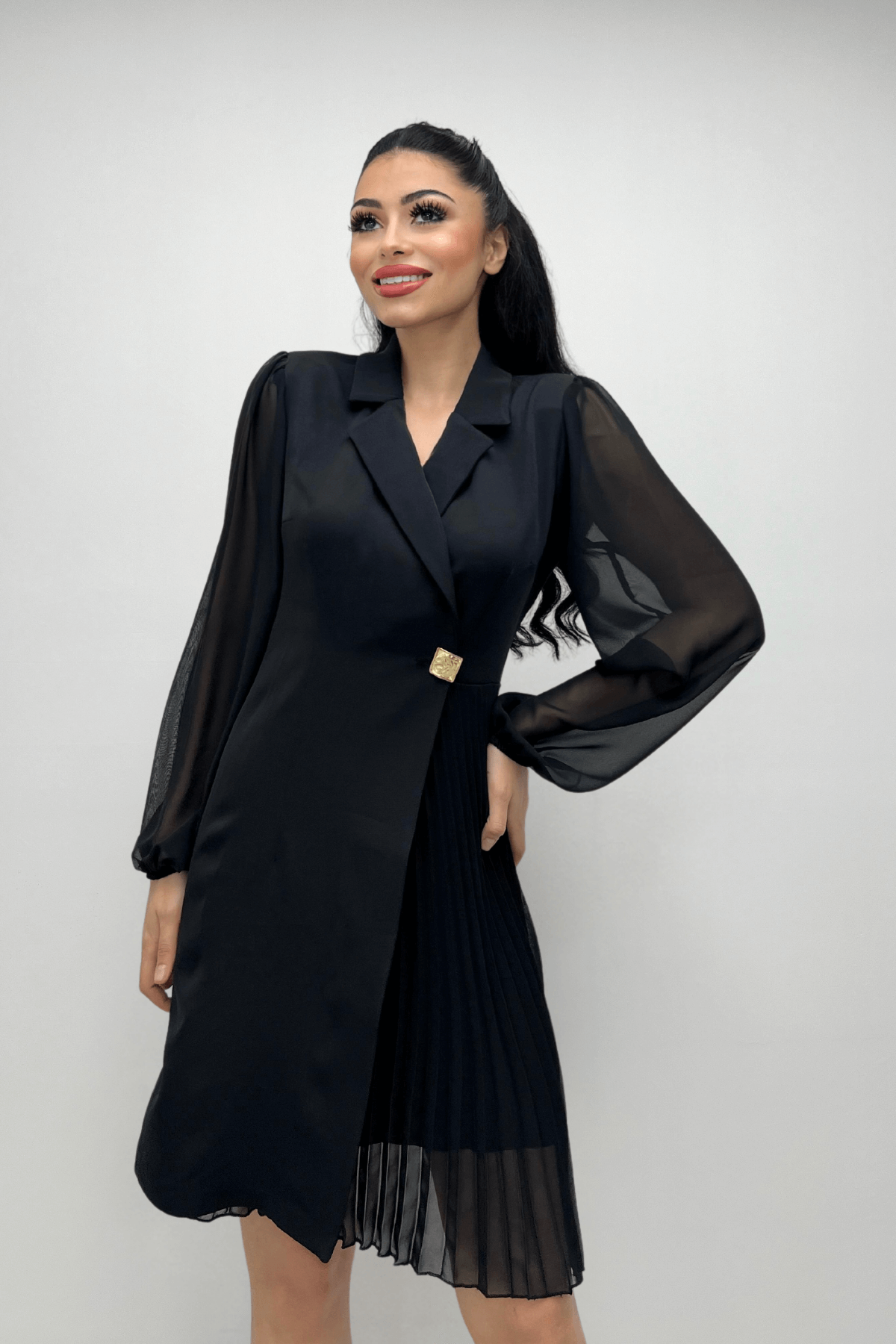 Double Kumaş Pliseli Ceket Elbise - SİYAH