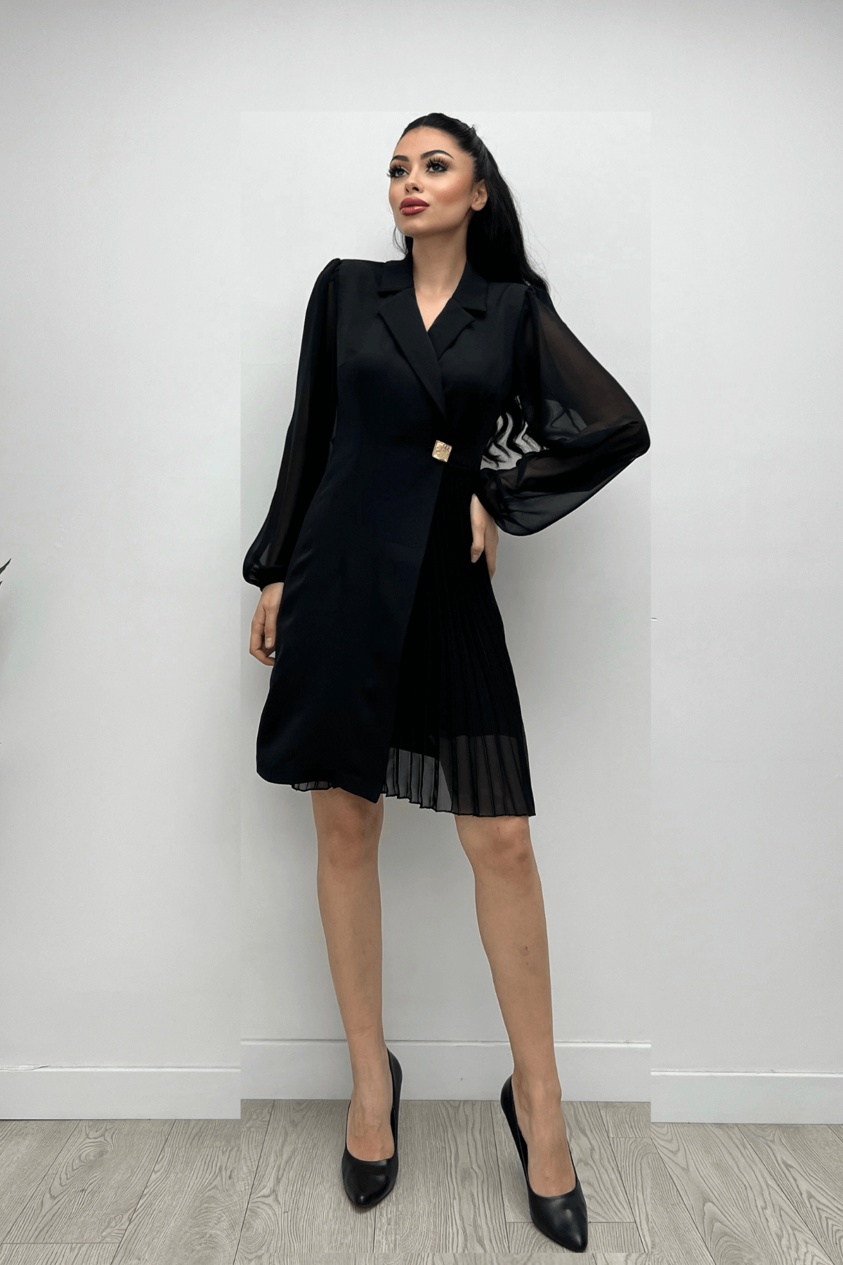 Double Kumaş Pliseli Ceket Elbise - SİYAH