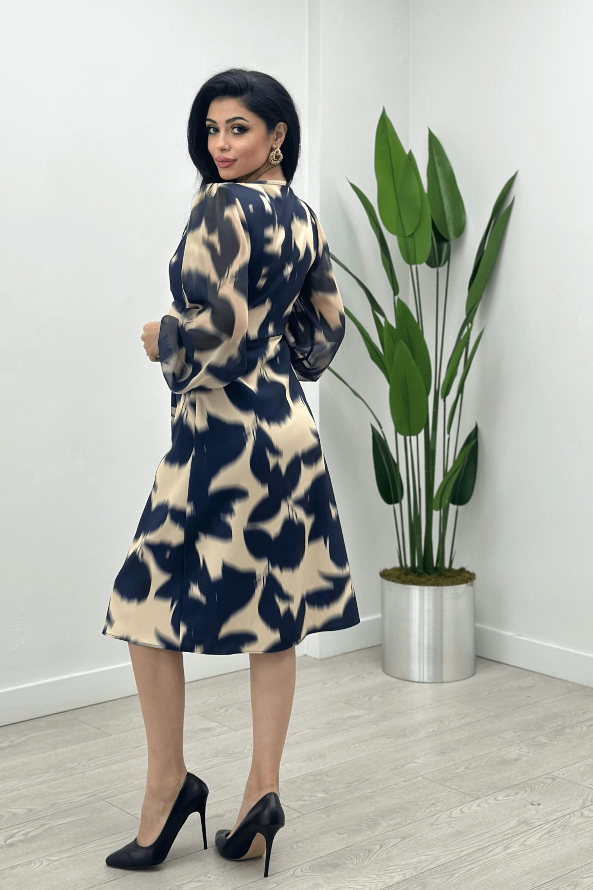 Double Kumaş Sifon Kol Elbise - LACİVERT