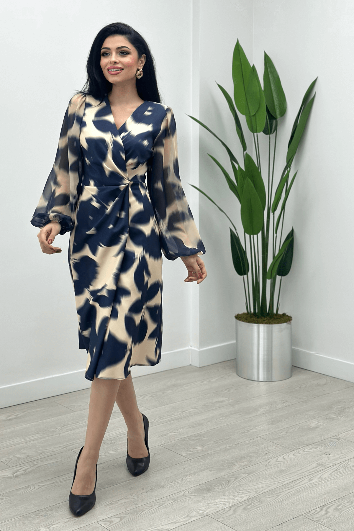 Double Kumaş Sifon Kol Elbise - LACİVERT