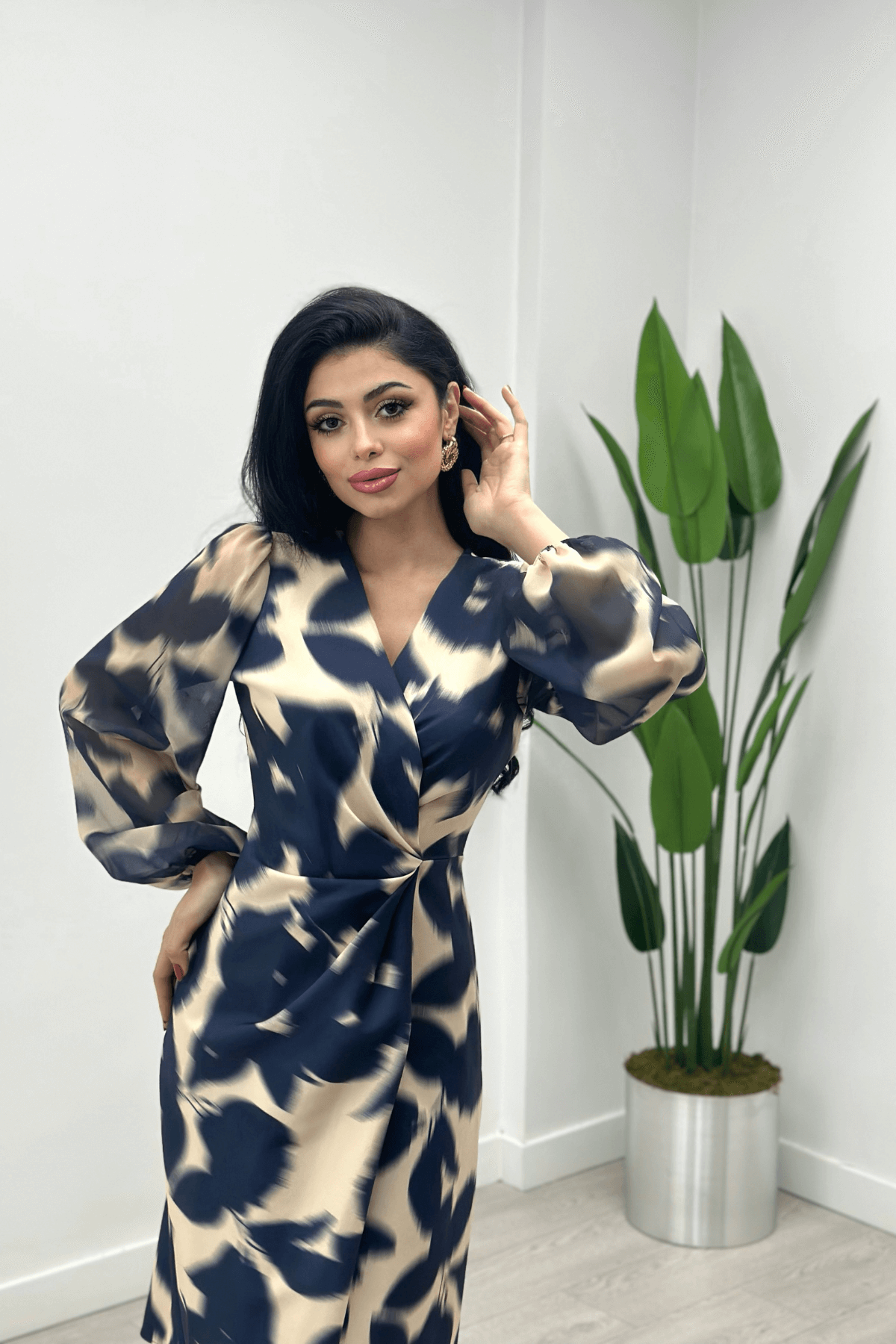 Double Kumaş Sifon Kol Elbise - LACİVERT