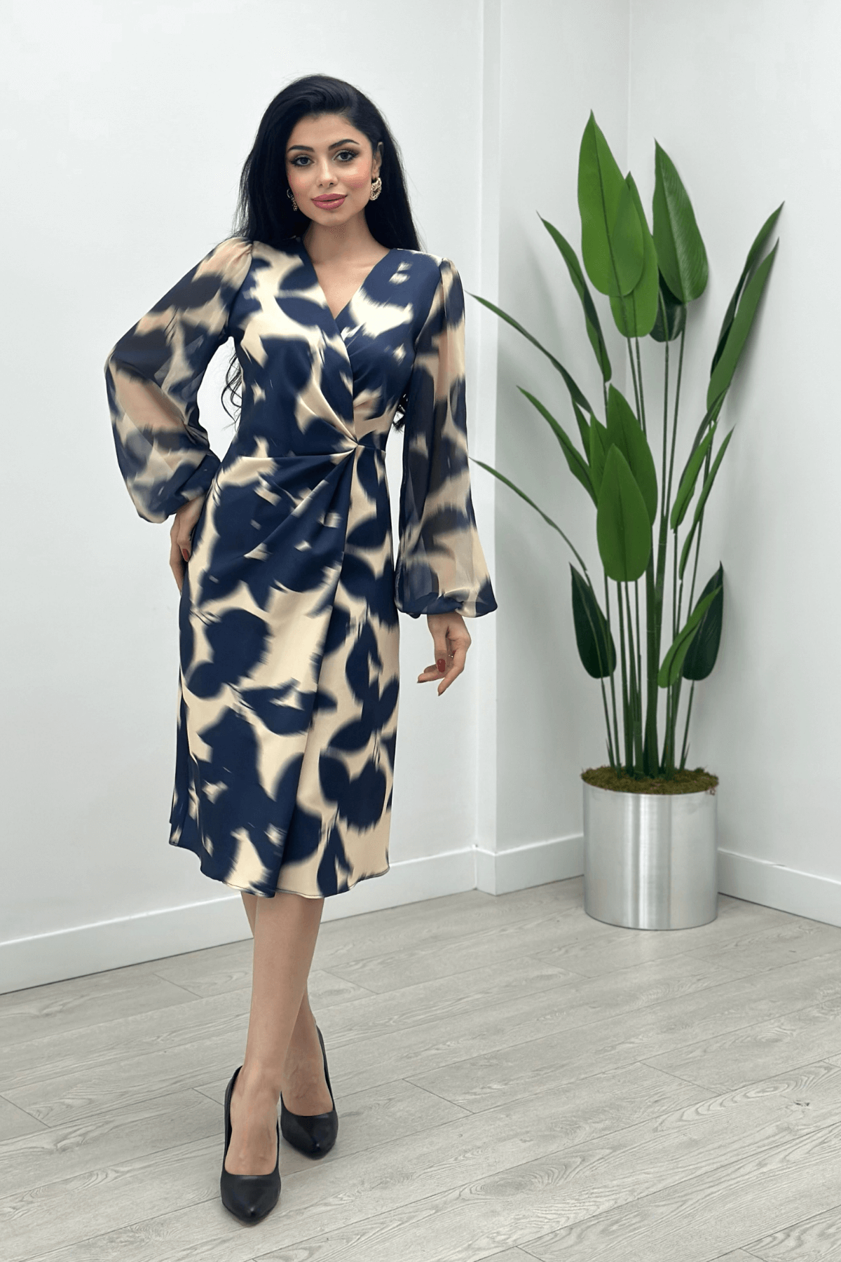 Double Kumaş Sifon Kol Elbise - LACİVERT
