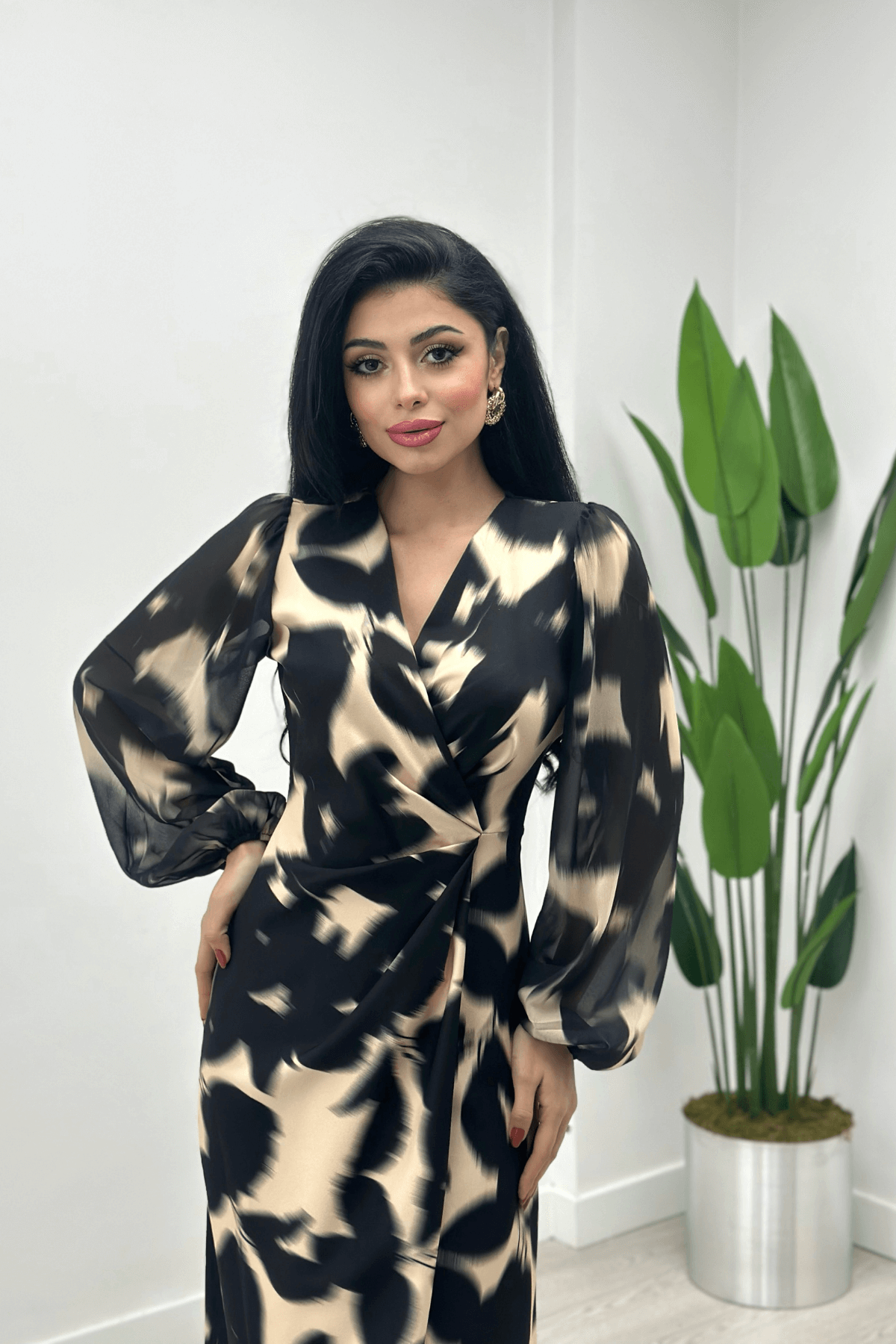 Double Kumaş Sifon Kol Elbise - SİYAH