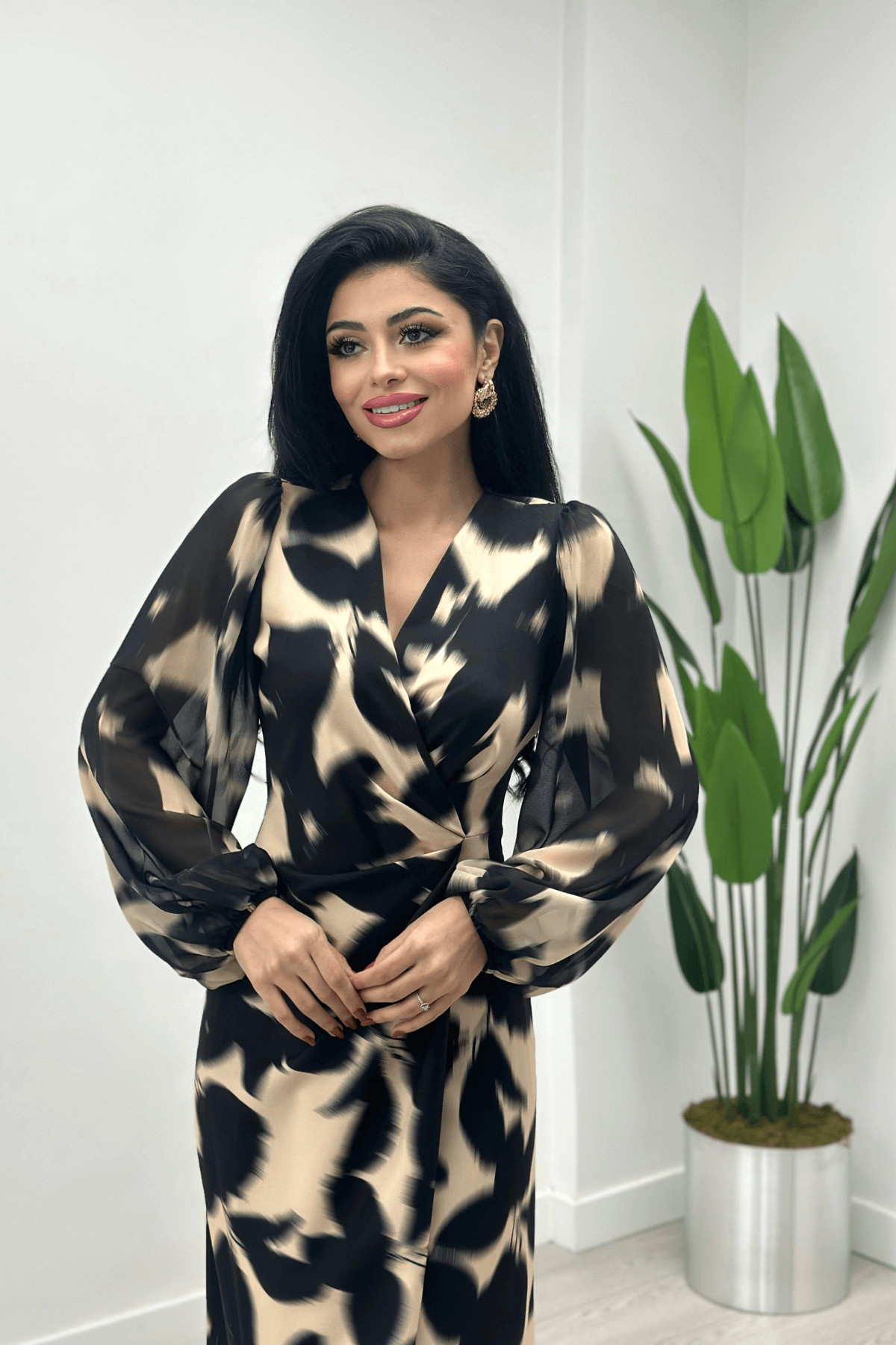 Double Kumaş Sifon Kol Elbise - SİYAH