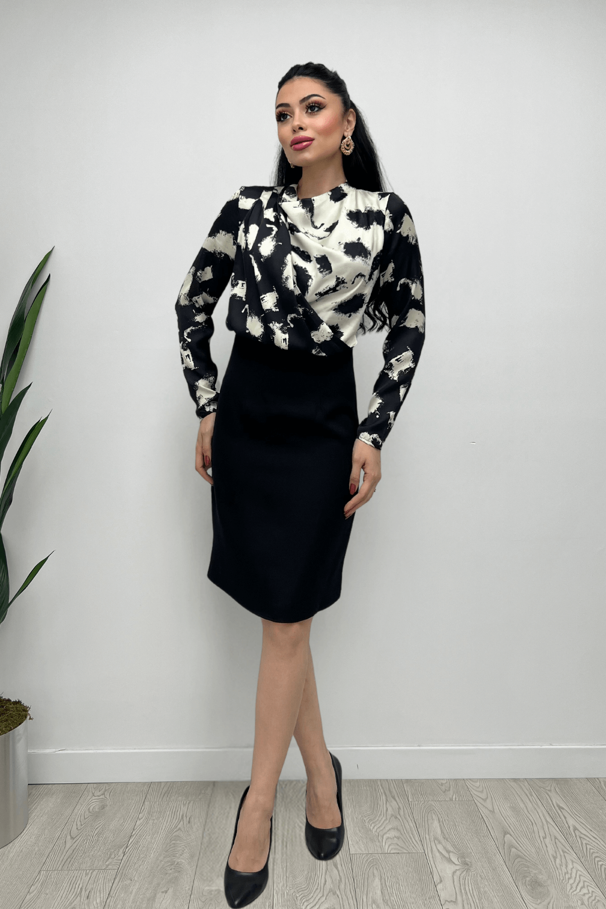 Double Kumaş Şifon Saten Elbise - SİYAH