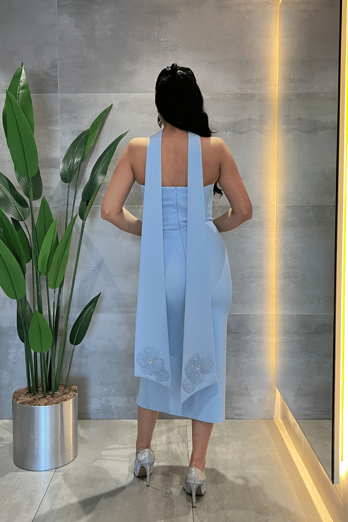 Double Kumaş Straplez Şal Detaylı Kalem Elbise - BEBE MAVİSİ
