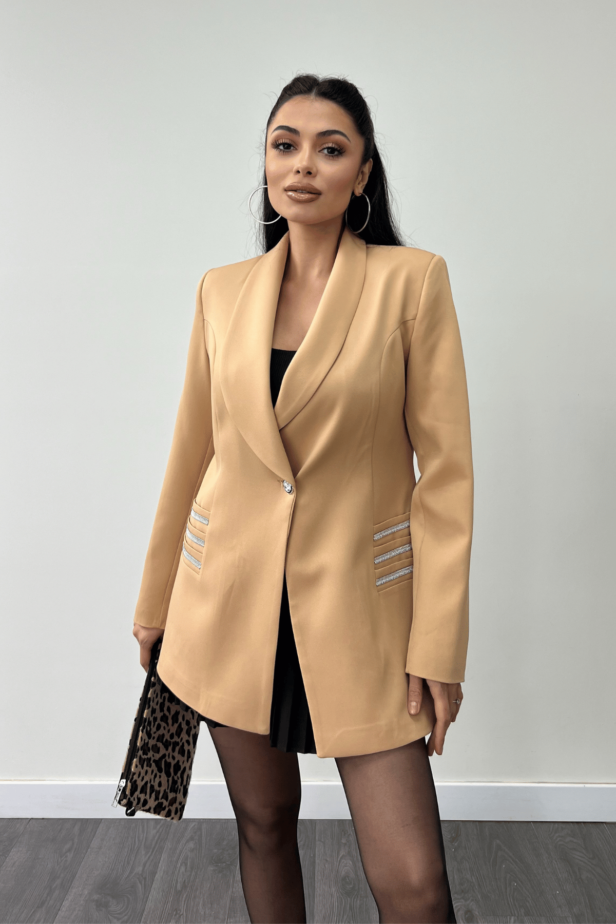 Double Kumaş Taş Detaylı Ceket - Camel