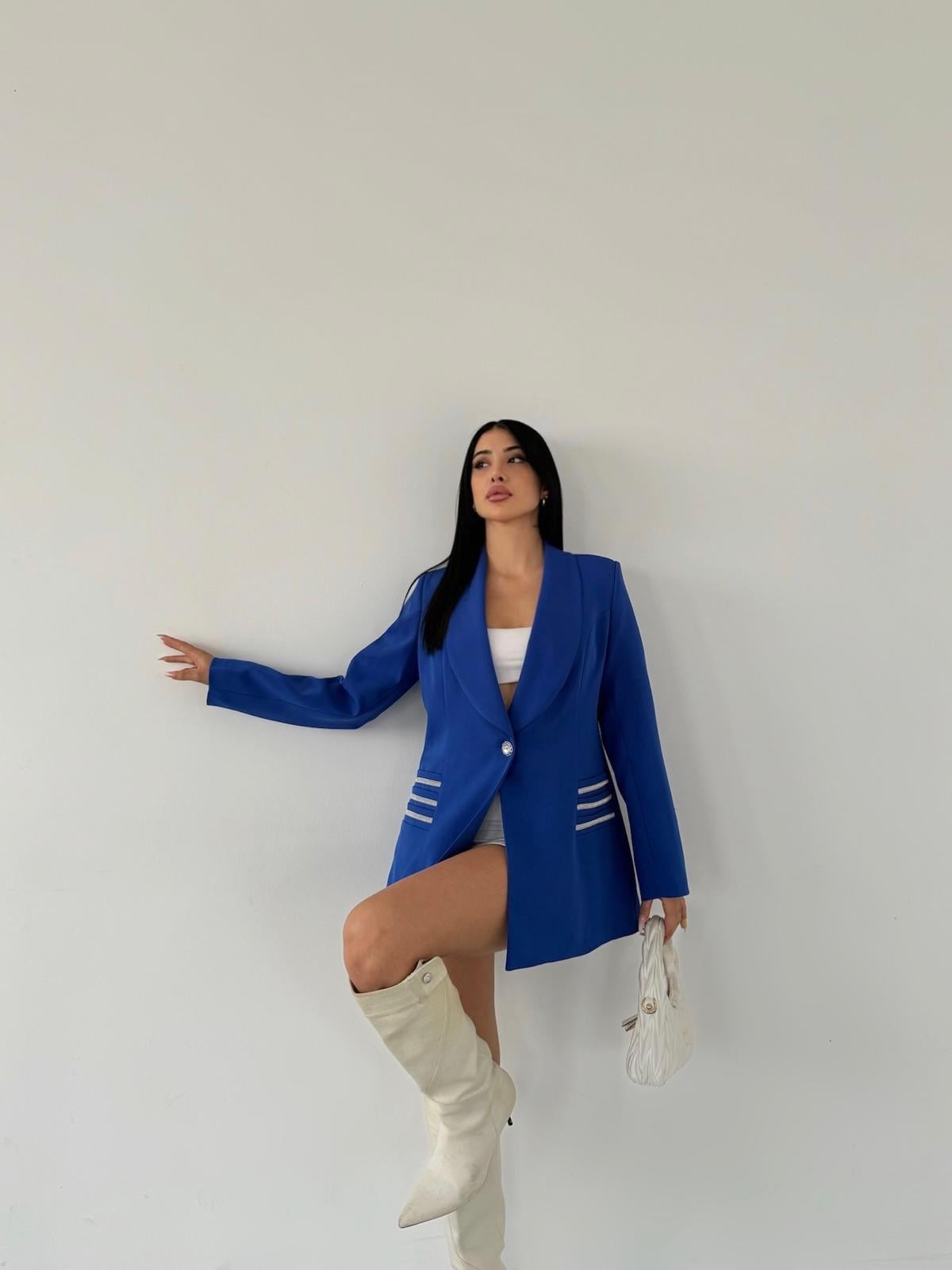 Double Kumaş Taş Detaylı Ceket - SAKS MAVİ