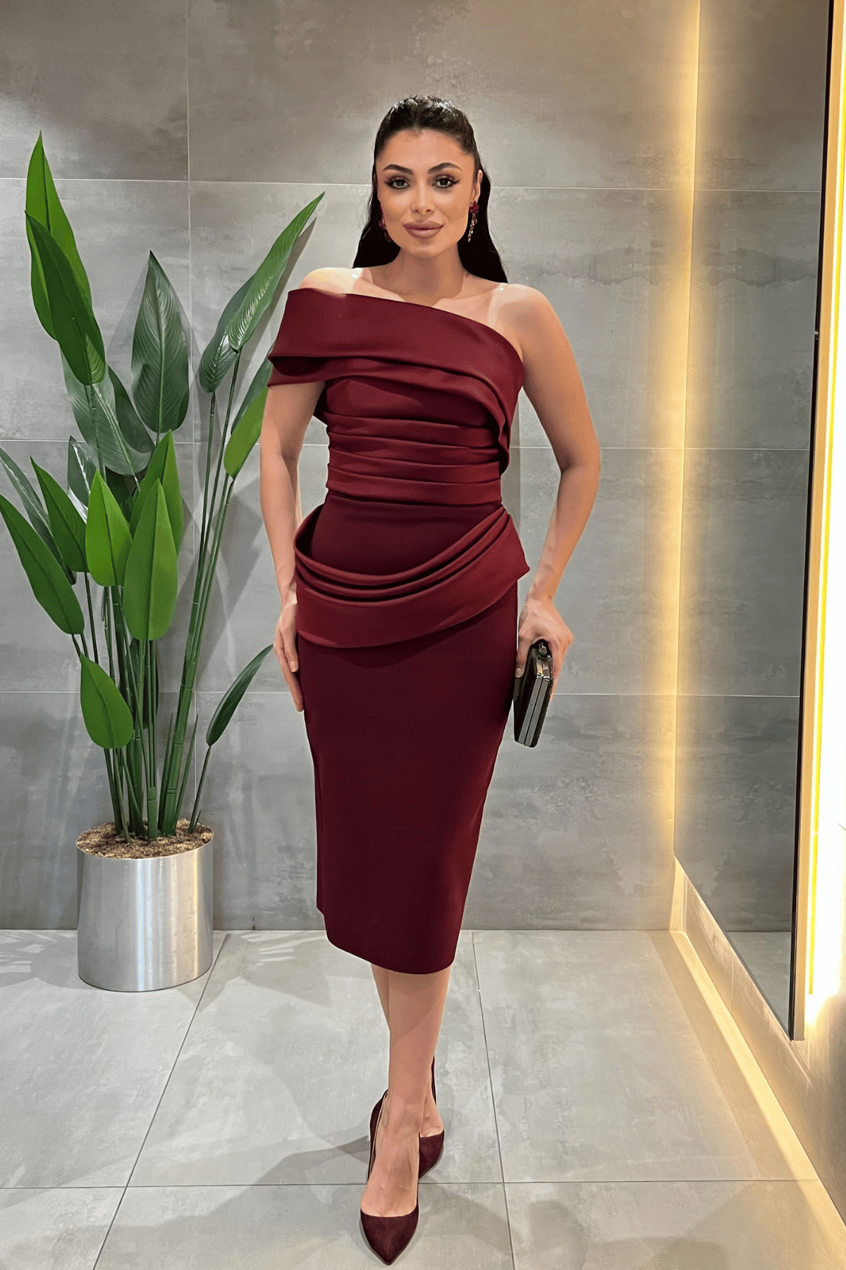 Double Kumaş Tek Kol Kalem Elbise - BORDO