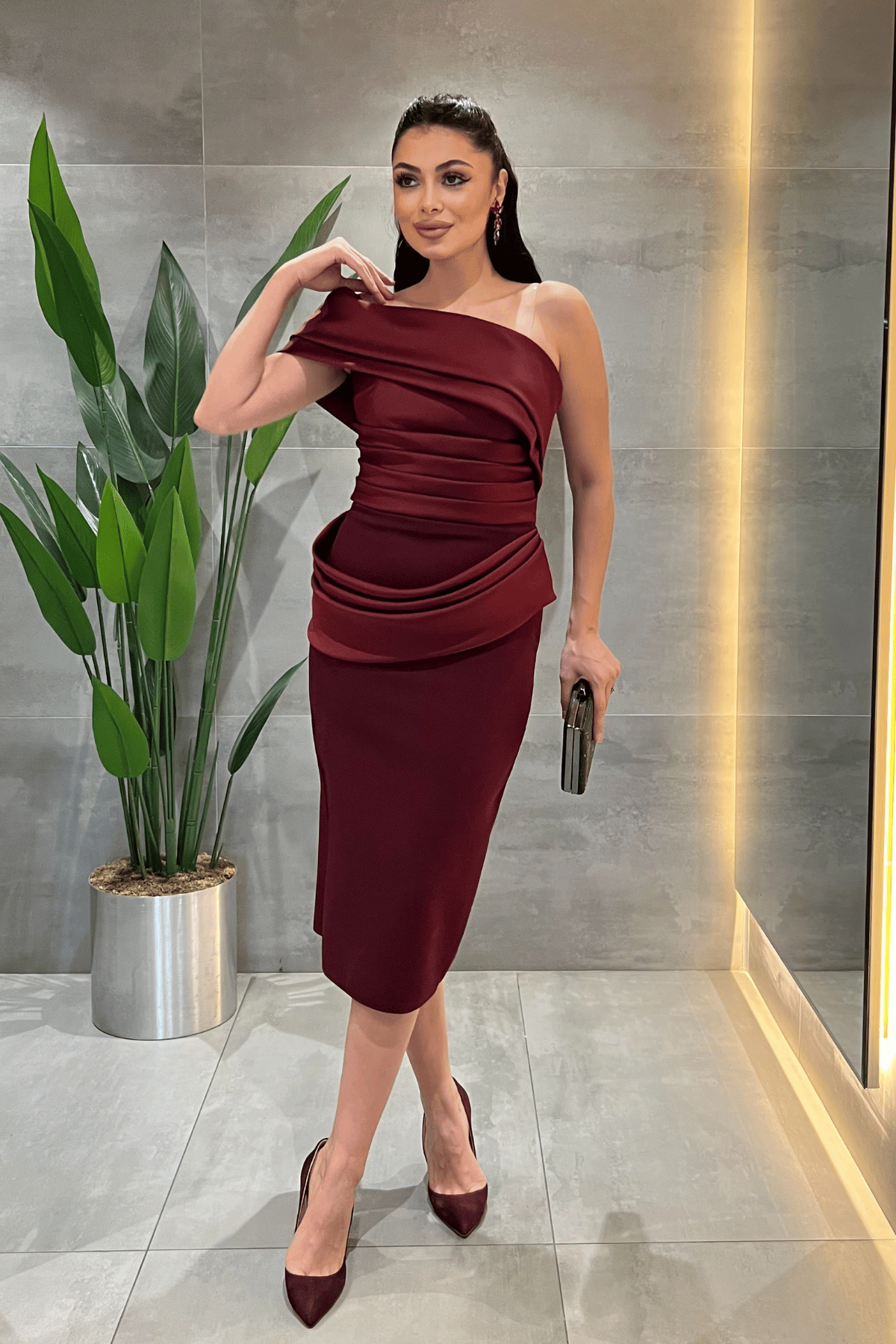 Double Kumaş Tek Kol Kalem Elbise - BORDO