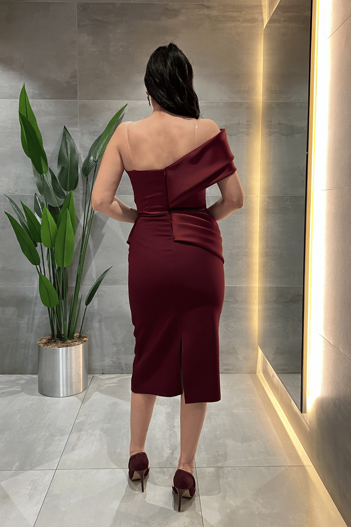 Double Kumaş Tek Kol Kalem Elbise - BORDO
