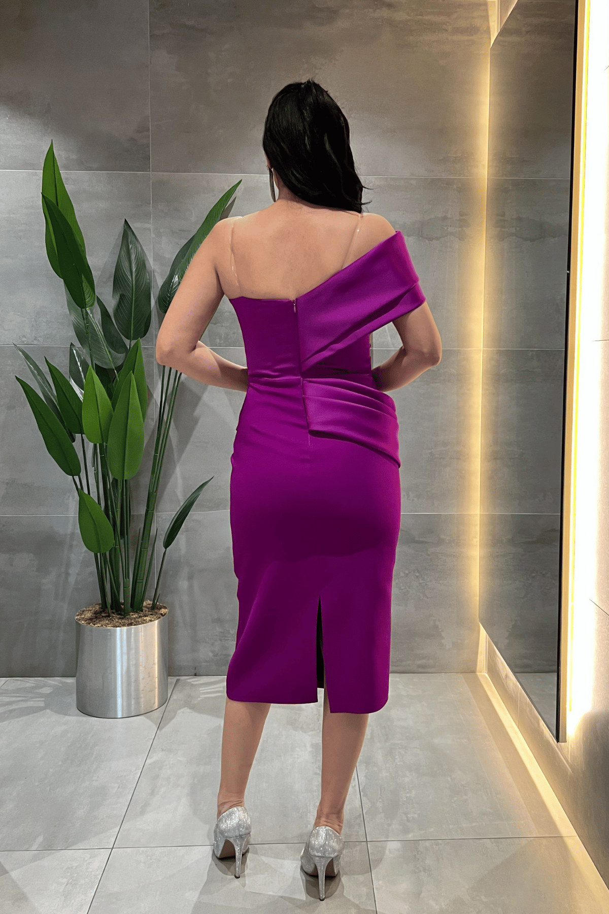 Double Kumaş Tek Kol Kalem Elbise - FUŞYA