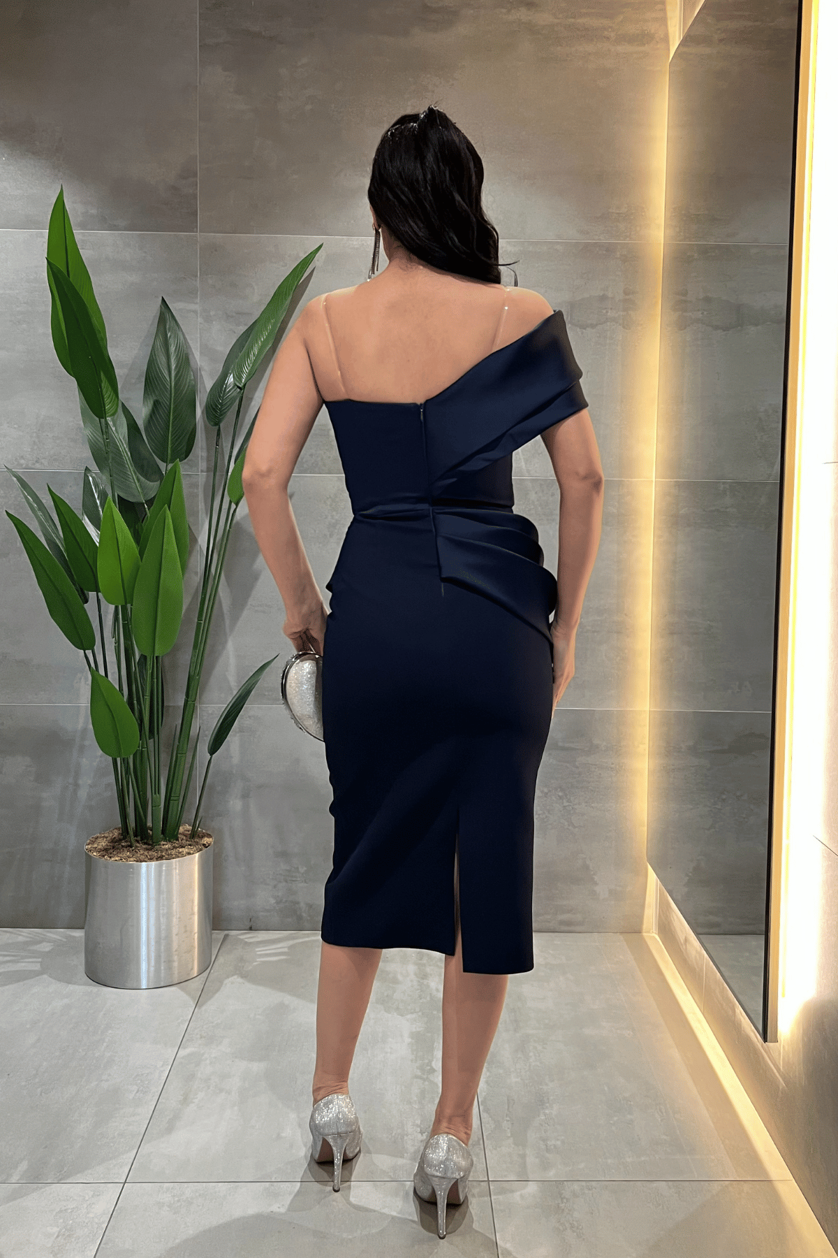 Double Kumaş Tek Kol Kalem Elbise - LACİVERT